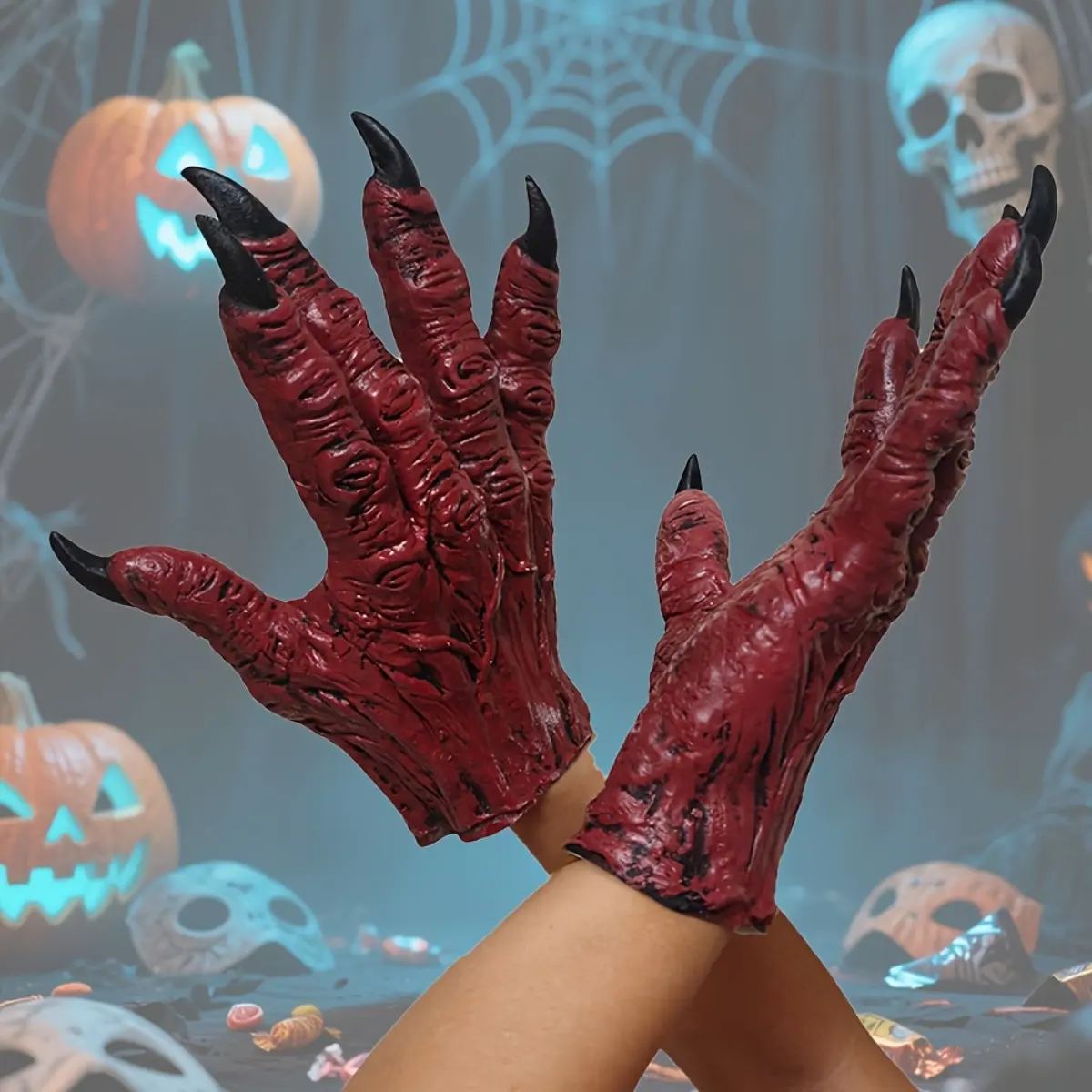 Red Bull Demon Beast Gloves Adult Latex Halloween Cosplay Props Scary Zombie Monster Devil Paws Breathable Comfortable Fit Base for Men Stage Performance Carnival Party Masquerade Costume Photography Outfit