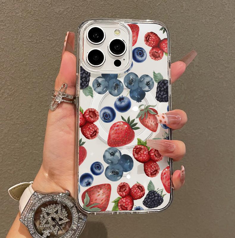 Magnetic Soft Case for iPhone11/12/13/14/15/16/17/prom, Blueberry Strawberry Fruit Collage MagSafe Compatible,Springtok Aesthetic Pattern Design Lightweight,y2k cased,AntiScratch,and Trendy Protector Screen Protector Resistance Cover Protection Shockproof