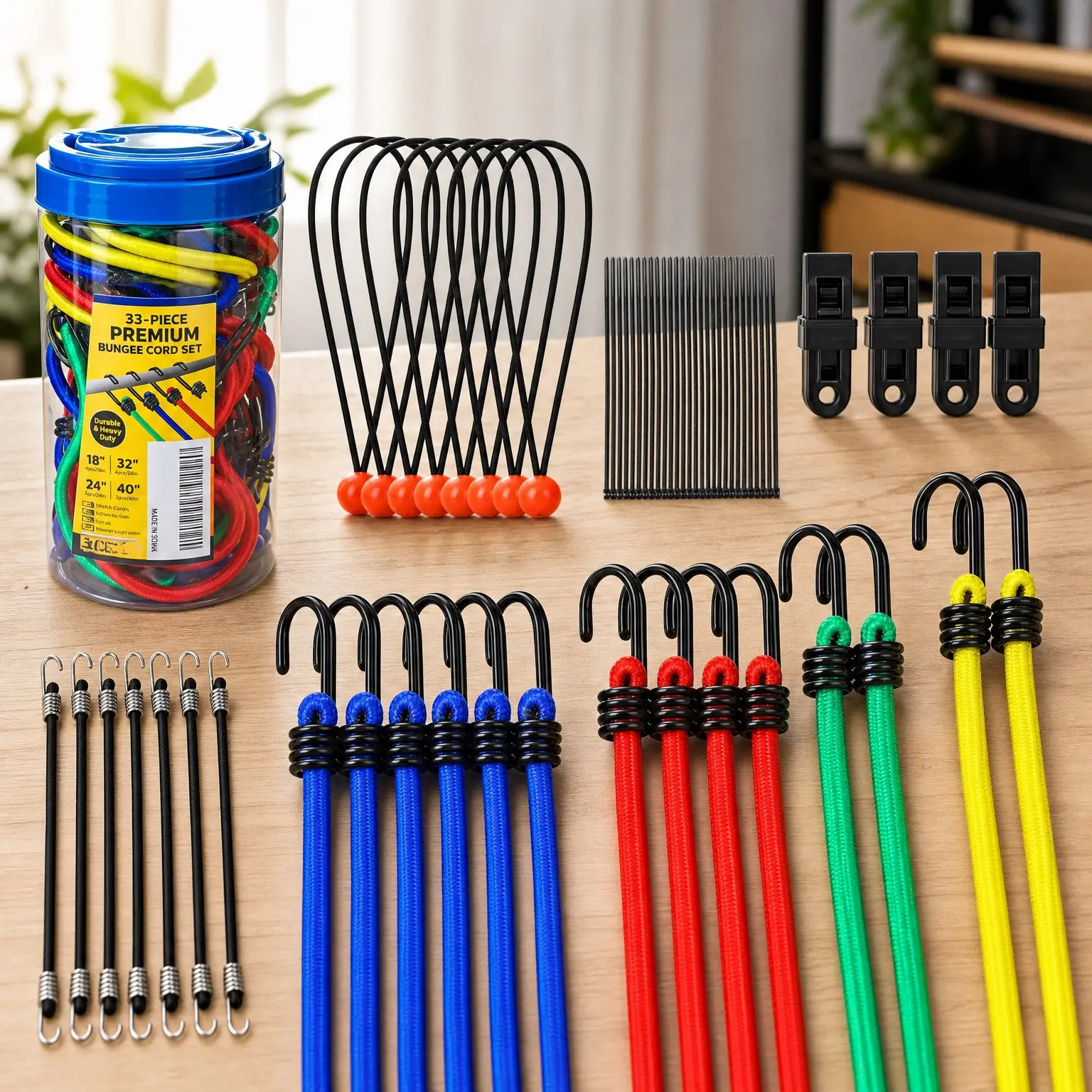 33-Piece Premium Bungee Cord Assortment Jar with Hooks, Includes 10", 18", 24", 32", 40" Bungee Cords, 6" Nylon Cable Ties, 8" Canopy Tarp Ball Ties & Tarp ClipsGift
