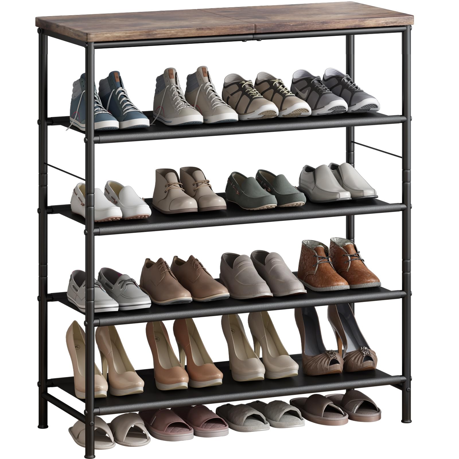 LINZINAR 5 Tier Metal Shoe Rack Organizer with Industrial MDF Board & Layer Fabric for Entryway Closet Bedroom Living Room Garage Storage A001