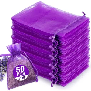 50 Empty Lavender Sachet Bags - Purple Organza 4x6 Sachets For Drawers And Closets Deodorizer Potpourri Bags Scented Sachet Home Fragrance Products Party Favor Gifts