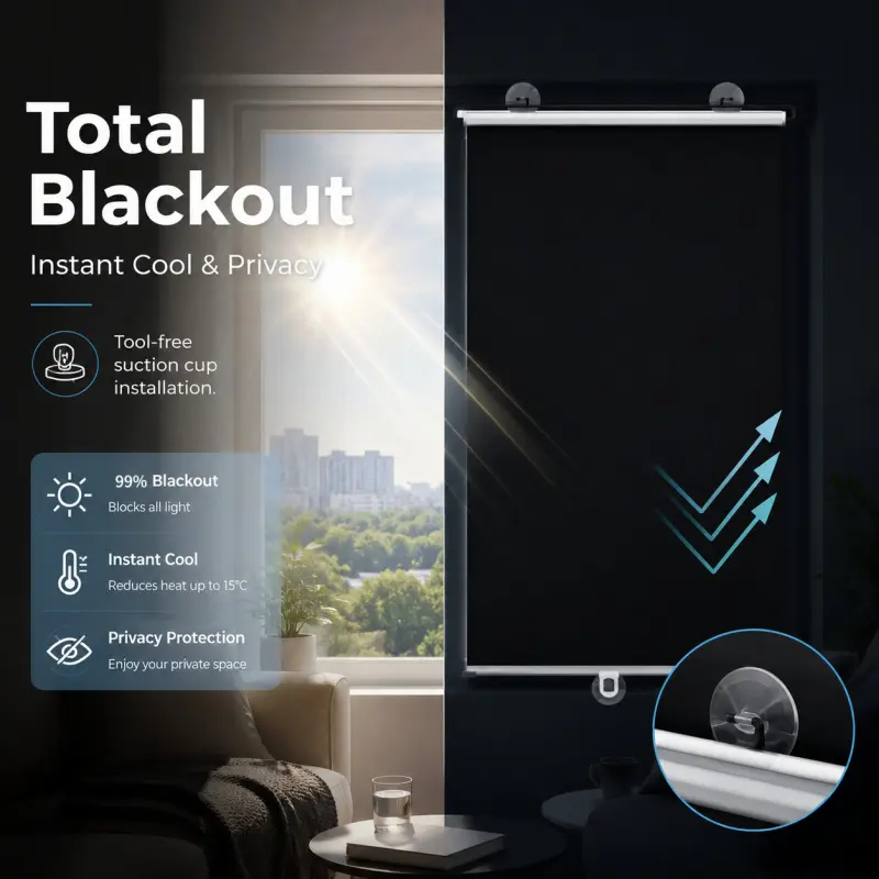 Tool-free suction cup blackout roller shade with 99% light blocking. It provides effective heat insulation and privacy protection, perfect for windows, cars and temporary residences. Sun Shade for Car, Car Sunshade Curtain