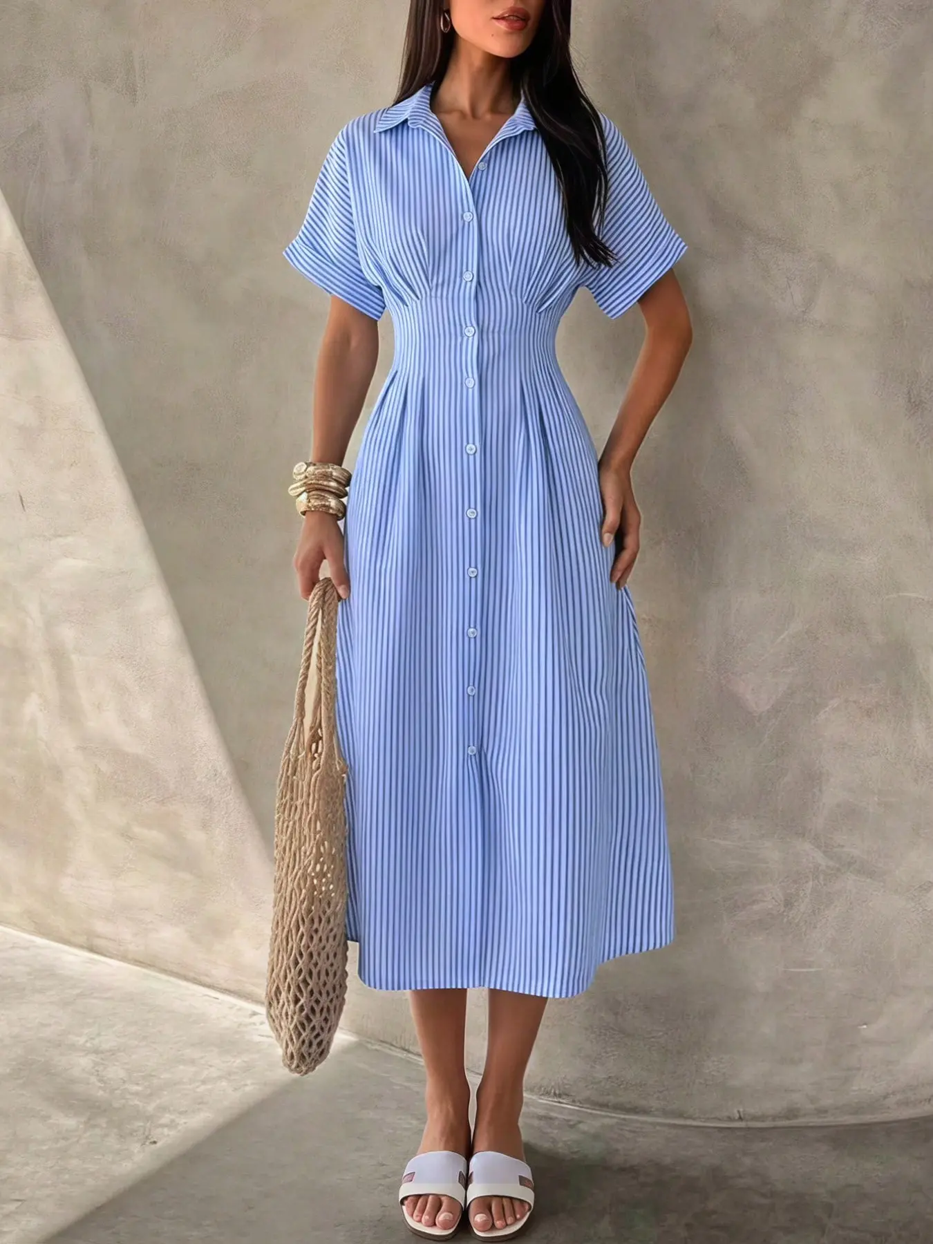 Women Blue Striped Shirt Dress Midi Button Down Dress Short Sleeve Slim Fit Casual Work Dress Elegant Waist Cinched Collared Dress Summer Office Chic Outfit For Women With Handbag Business Casual Dress Summer Work Dresses Button Up Dress
