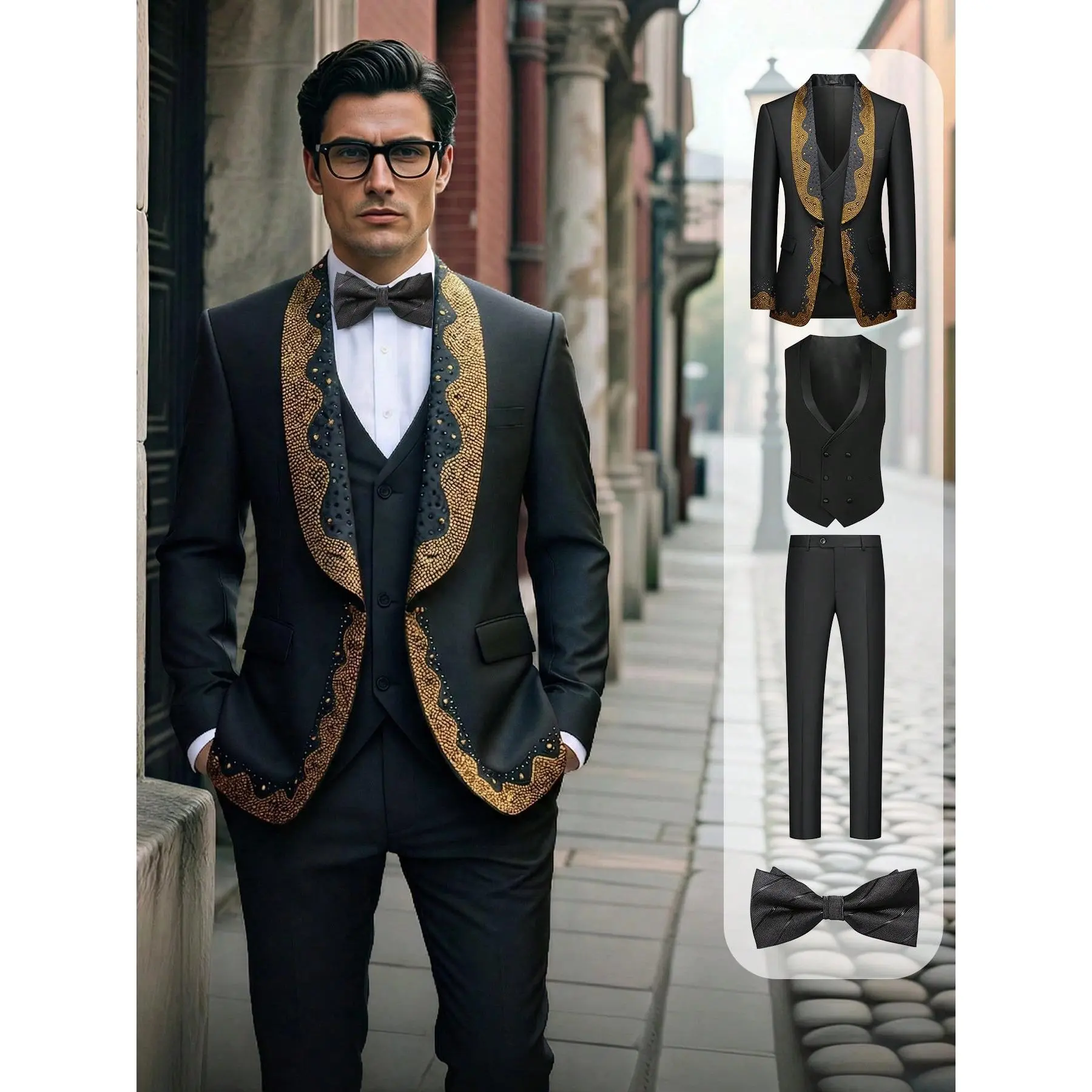 Men's 4-Piece Gold Studded Shawl Collar Tuxedo Suit – One-Button Blazer, Vest, Pants & Bow Tie for Weddings & Proms