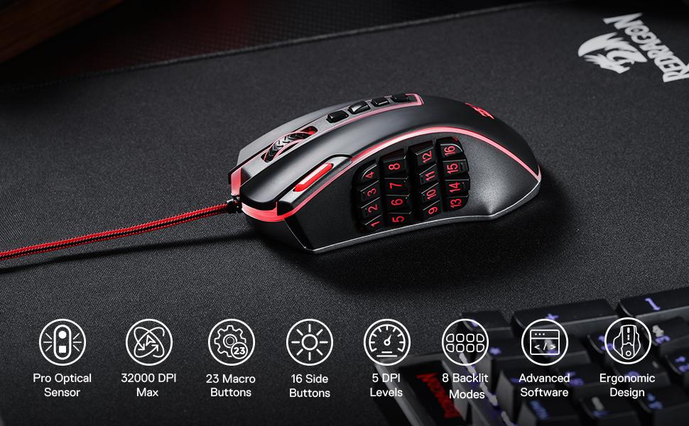 Redragon M990 MMO Gaming Mouse, 32000 DPI High Precision Wired RGB Gamer Mouse w/23 Programmable Buttons, 16 Side Macro Keys, Software Supports, Aluminum Base