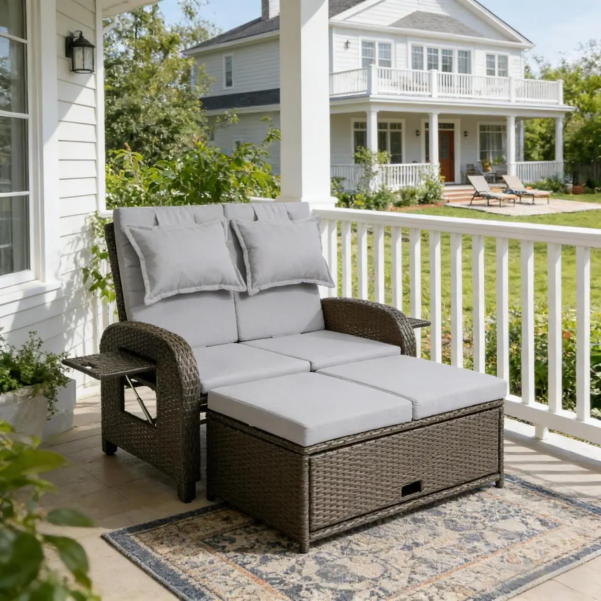 Aobtkel 3-in-1 Convertible 2-Seater Rattan Outdoor Sofa - Multi-Use Wicker Daybed (On-Site Use), Two-Seater