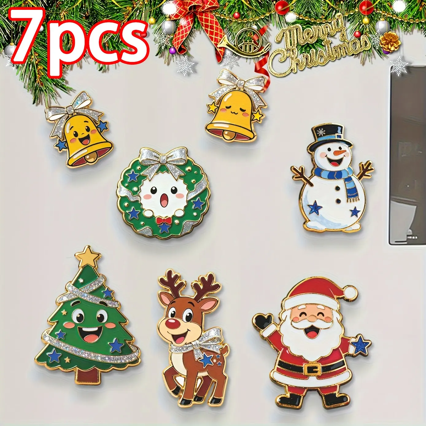 7-Piece Christmas Fridge Magnets Set, 2D Acrylic Decorations, Santa, Tree, Snowman, Reindeer, Bell Designs, Perfect for Festive Atmosphere