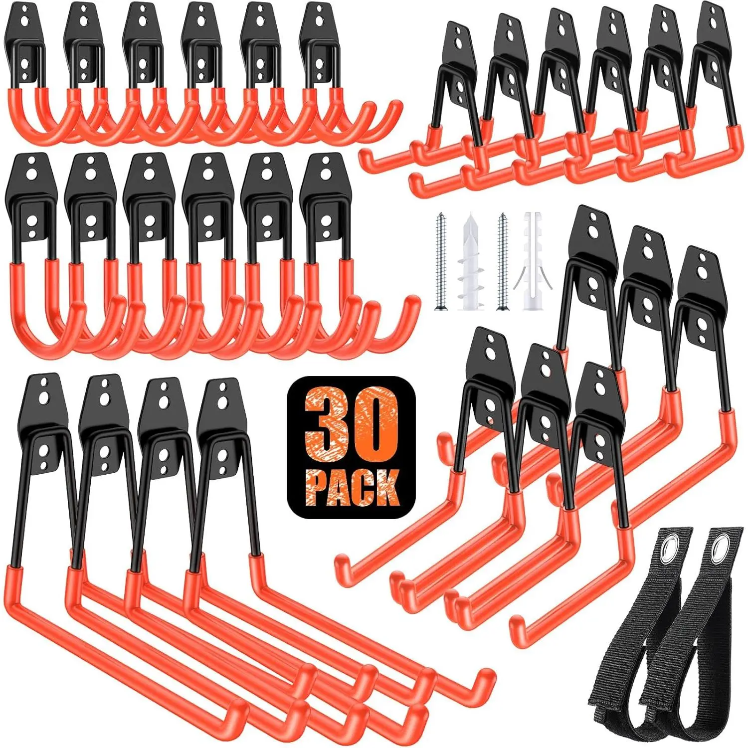 30 Pack Heavy Duty Garage Hook, Solid Steel Garage Storage Hook, Wall Mount Garage Double Hook Organizer for Hanging Ladder, Bike, Ropes, Broom, Gardening Equipment, Yard Tools, Orange