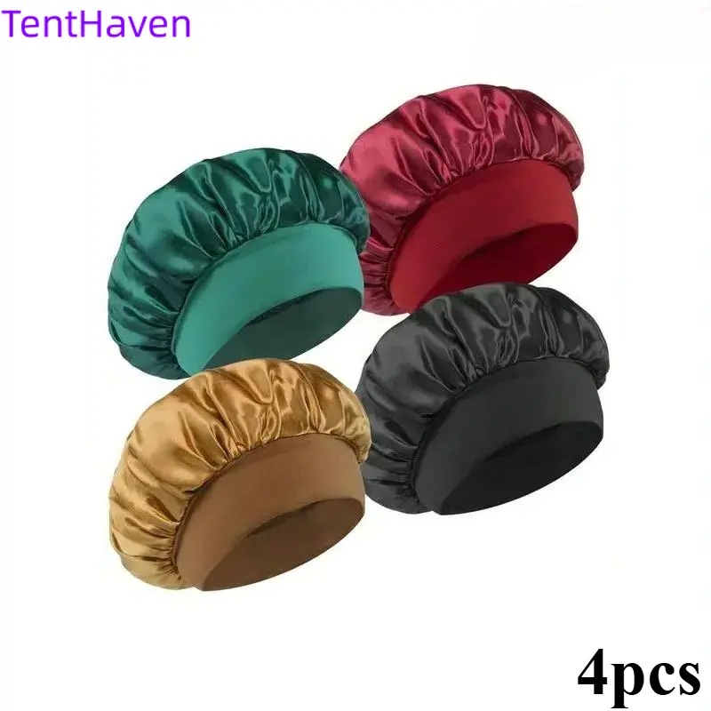 4-Pack Solid Color Satin Shower Cap for Women, Classic Lightweight Sleep Bonnet with Wide Edge for Hair Care