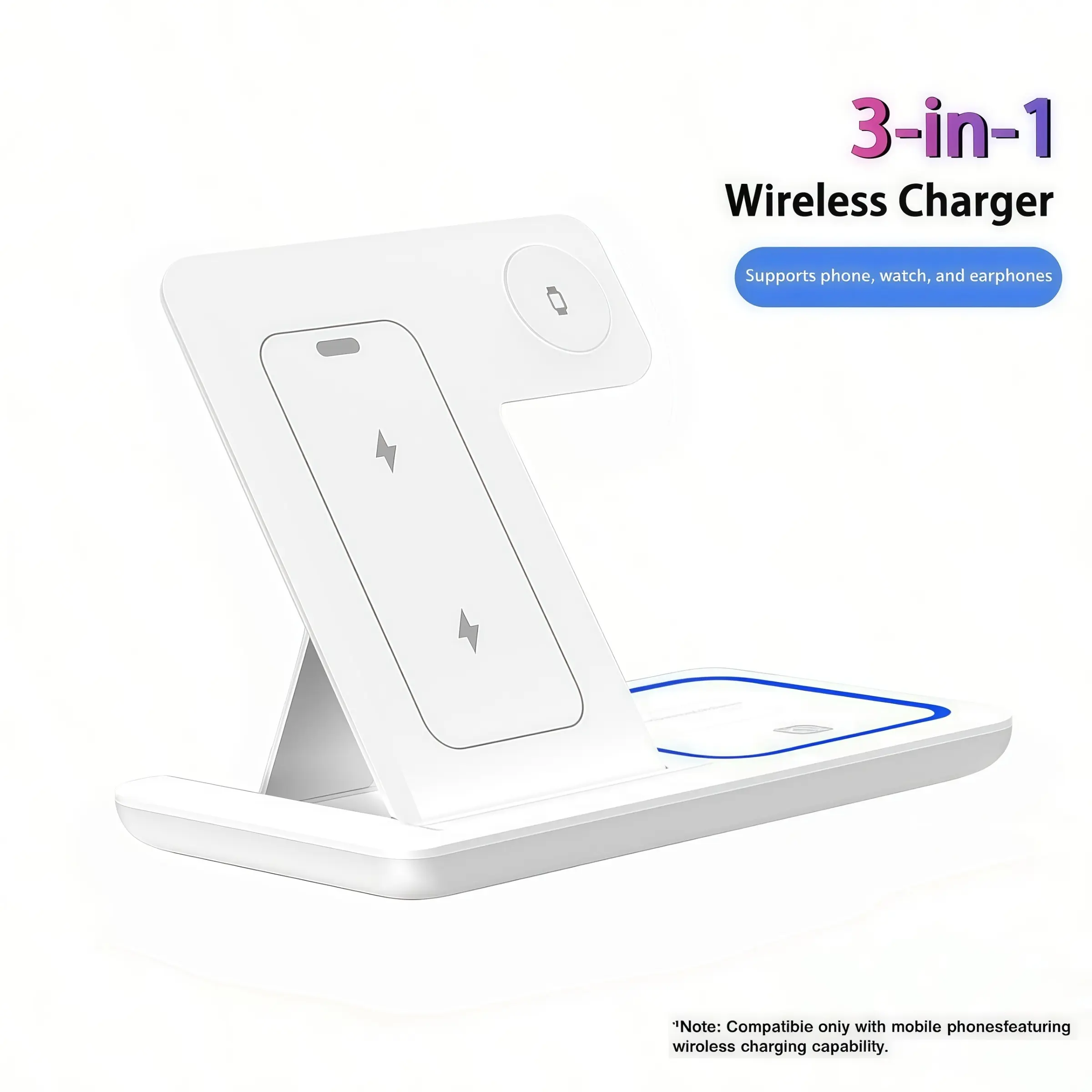 3-In-1 Wireless Charger Stand, Fast Charging Electronic Base Phone Accessory, Compatible with iPhone Models, Smartphone, Universal Multi-Device Inductive Charge Solution, Cellphone, Multidevice Wireless Charger