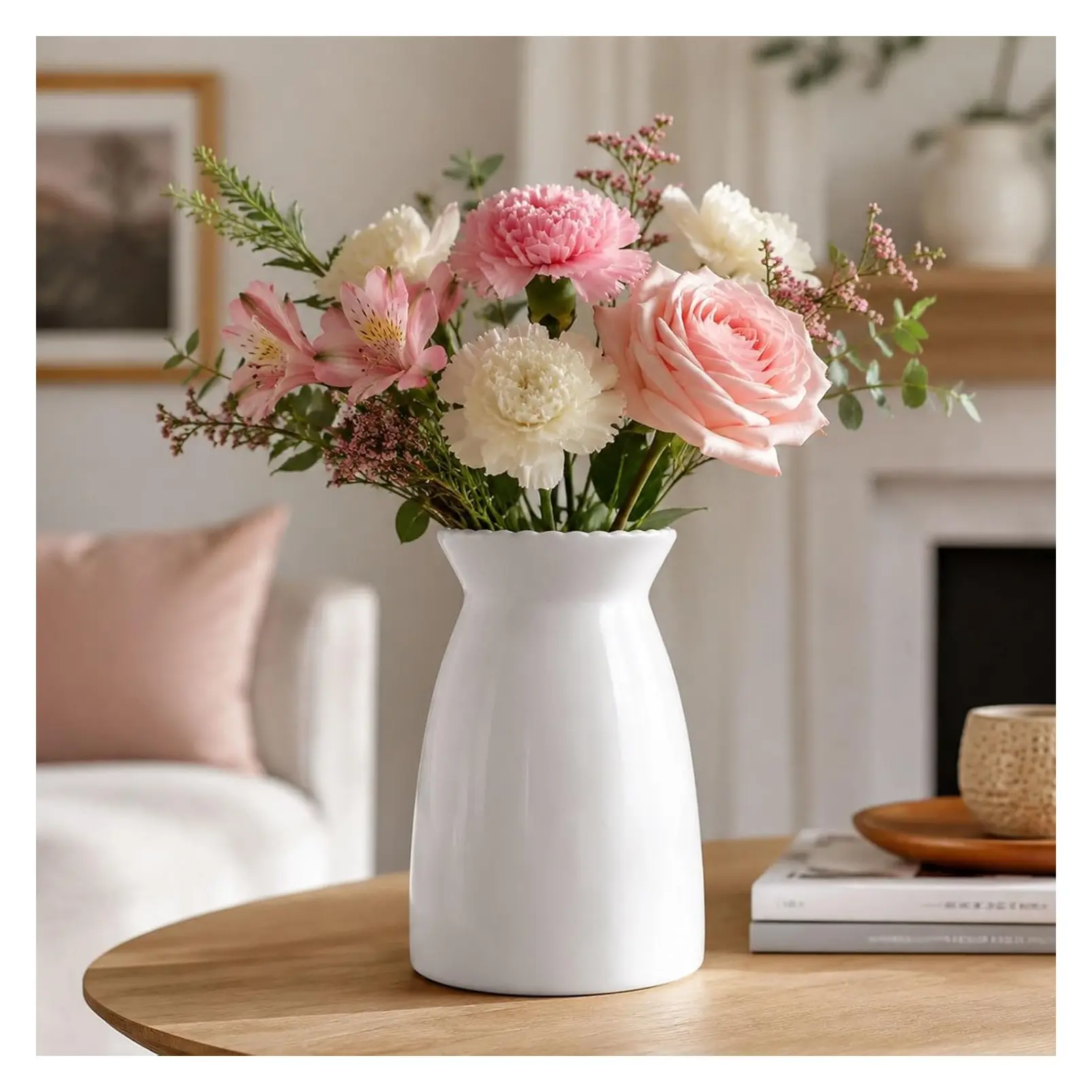 White Ceramic Flower Vase - Modern Minimalist Round Table Centerpiece, Smooth Decorative Vase for Living Room, Shelf, Mantel, Wedding & Home Decor, 7" HGift