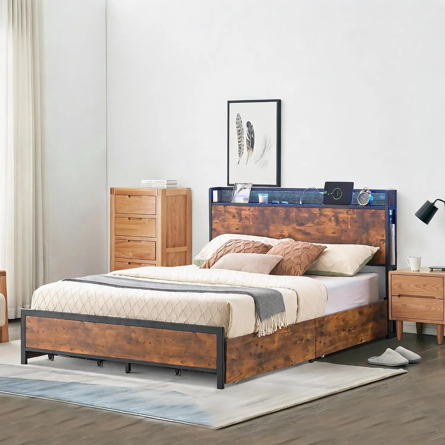 Full Bed Frame with Storage Headboard,Bed Frame with 4 Drawers Storage, Metal Platform Bed Frame with 2-Tier Storage Headboard Built in Charging Station & LED Lights Noise-Free Design, No Box Spring Needed, Easy Assembly ﻿