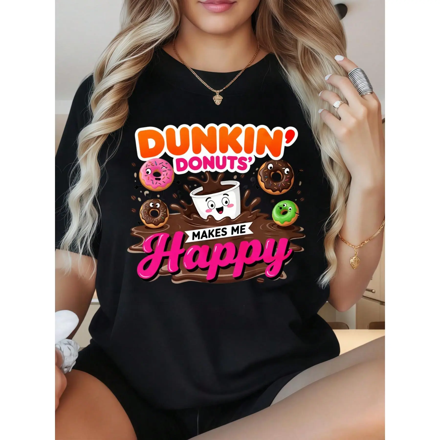 Women's Full Print Graphic Tee, Retro Coffee & Donut Cotton Blend Garment, Breathable Seamless Short Sleeve Top with a Regular Cut for the Beach, Printed, Workout, Outdoor, Fit, Fabric, Shirt