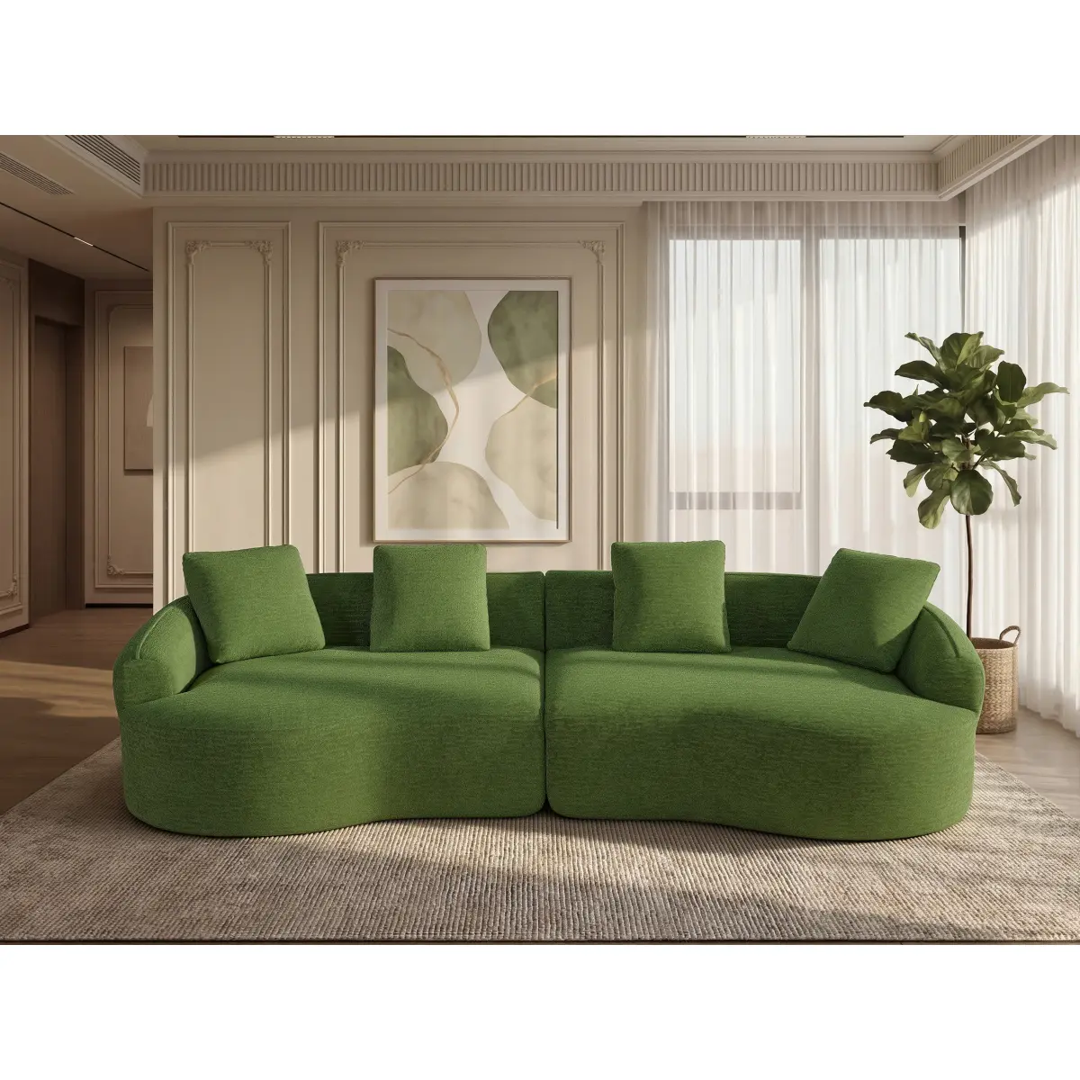 110" Green Chenille Curved Sofa – Cloud Modular Sectional with 4 Throw Pillows, Oversized Reclining Seats, Convertible Sofa Bed, Modern U-Shaped Design for Living Room & Apartments