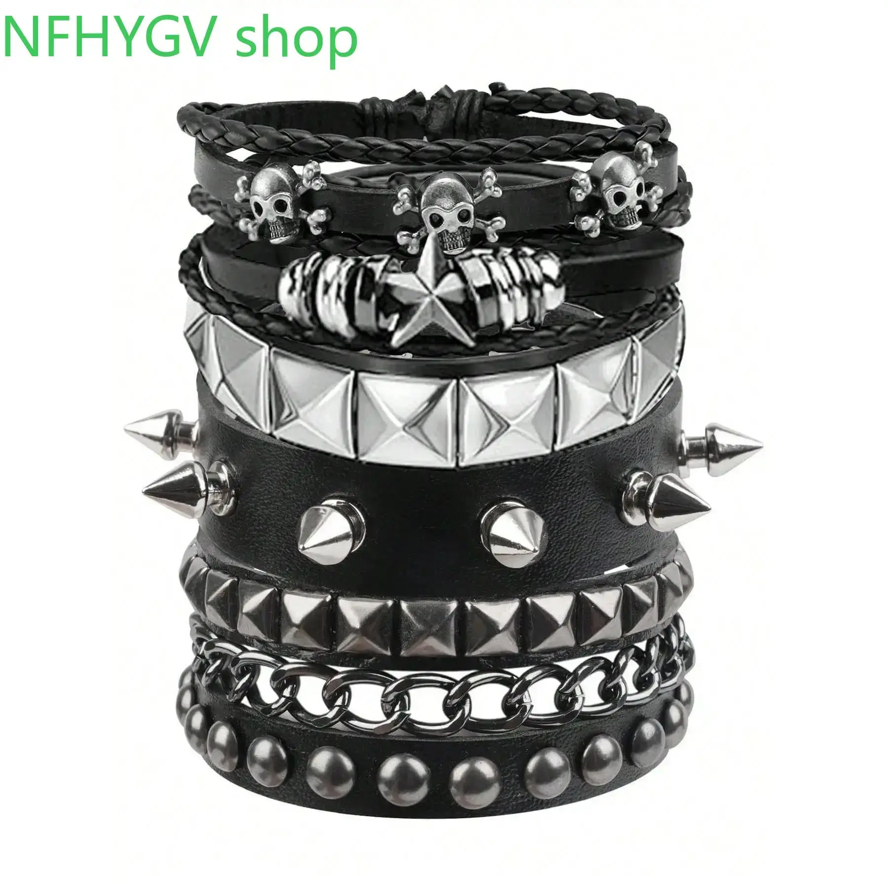 5PCS Y2K Punk PU Leather Wristband Set, Studded Rivet Spiked Adjustable Cuff Bracelets, Gothic Grunge Stackable Jewelry For Festival, Concert, Cosplay And Streetwear Outfits