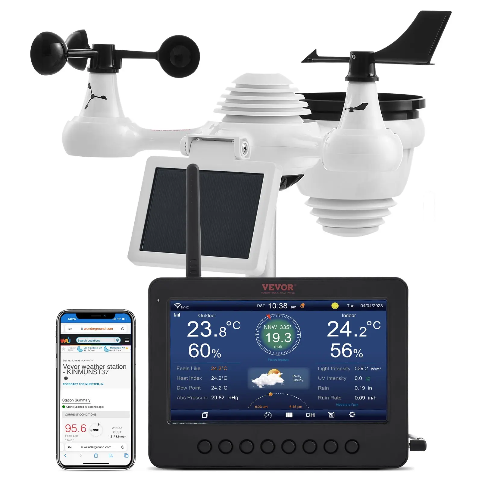 VEVOR 7-in-1 Wireless Weather Station with Wi-Fi, 7" TFT Colorful Display, Solar-Powered Outdoor Sensor, Indoor Outdoor Monitoring, Includes Temperature, Humidity, Wind Speed/Direction, and Rainfall