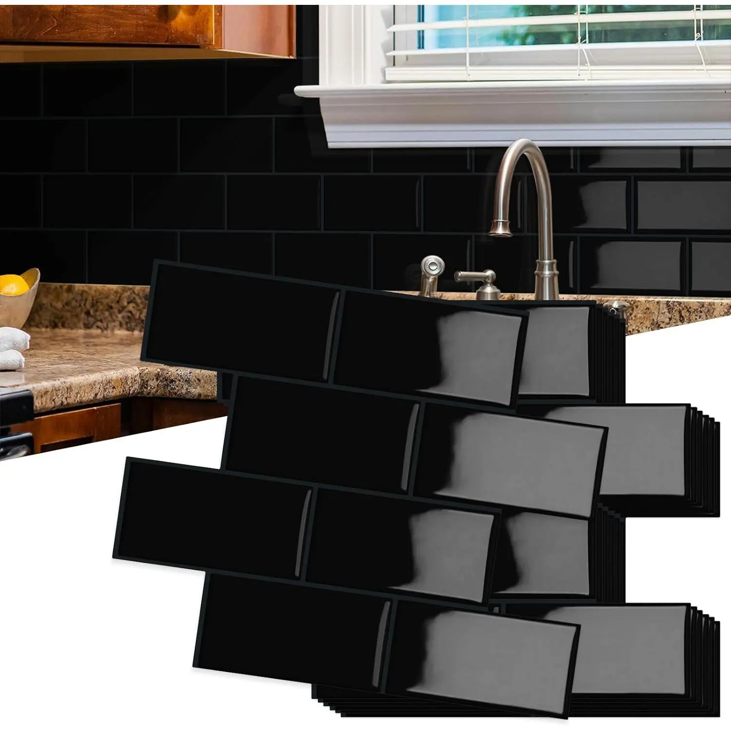10-Sheet Thick Peel and Stick Kitchen Backsplash Tiles(Black,12.6"×10.6") | D Subway  Self-Adhesive Wall Tile Stick  Backsplash for Kitchen and Bathroom