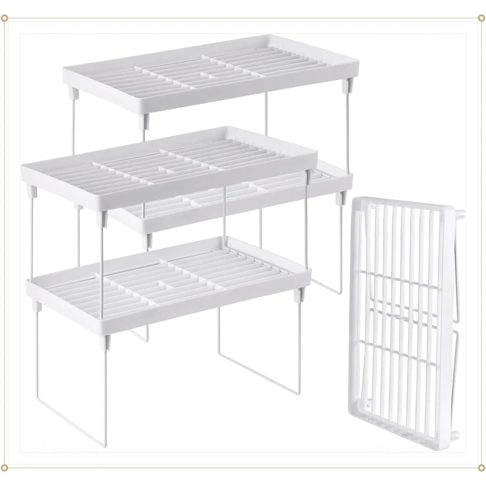 4-Pack Stackable Plastic Kitchen Storage Shelves, Foldable White Rack - Expandable Cabinet Organizer for Counter Cabinet PantryGift
