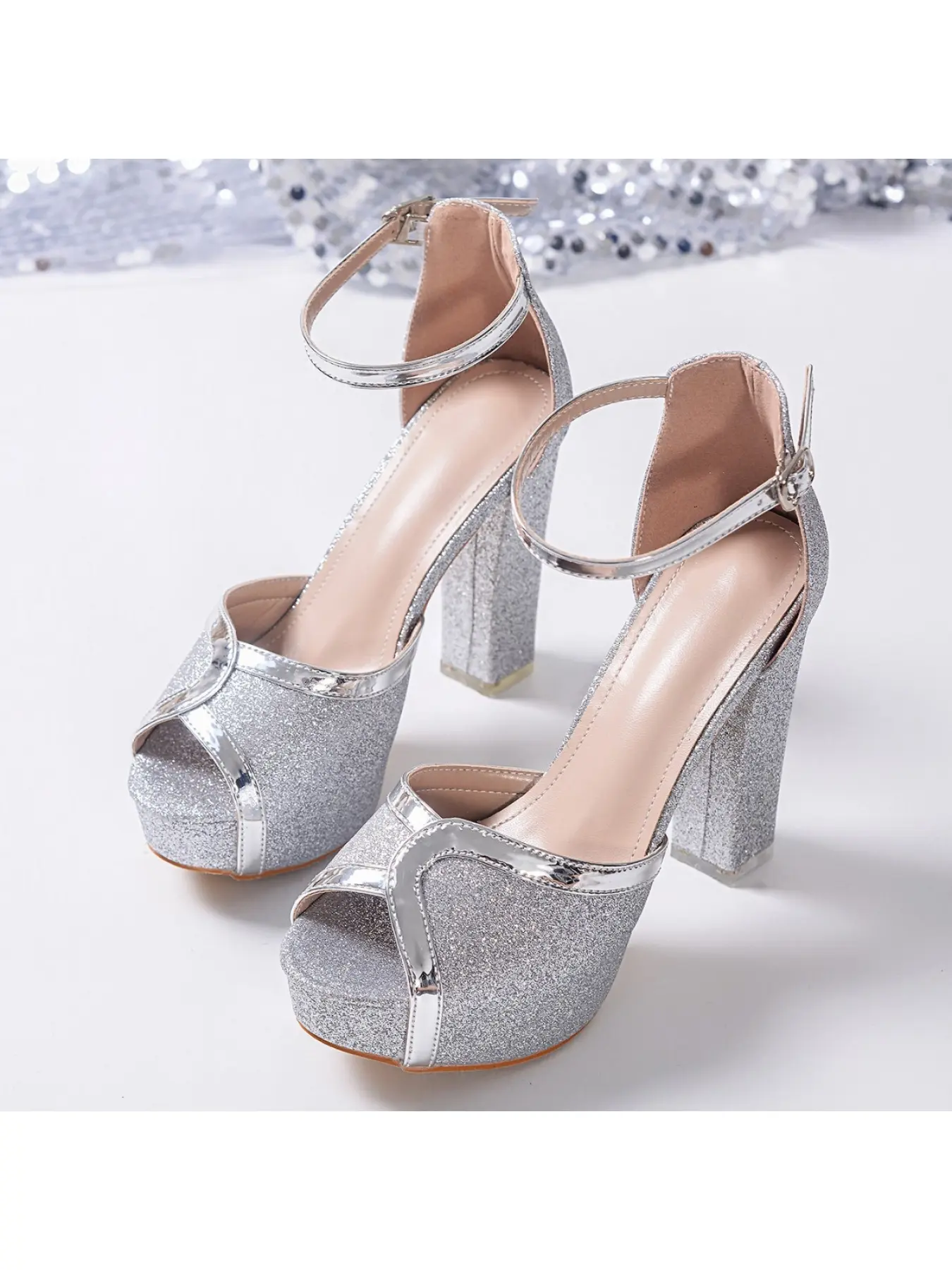 Silver Glitter Platform Block Heel Sandals Peep Toe Ankle Strap Party Prom High Heels Elegant Party Heels