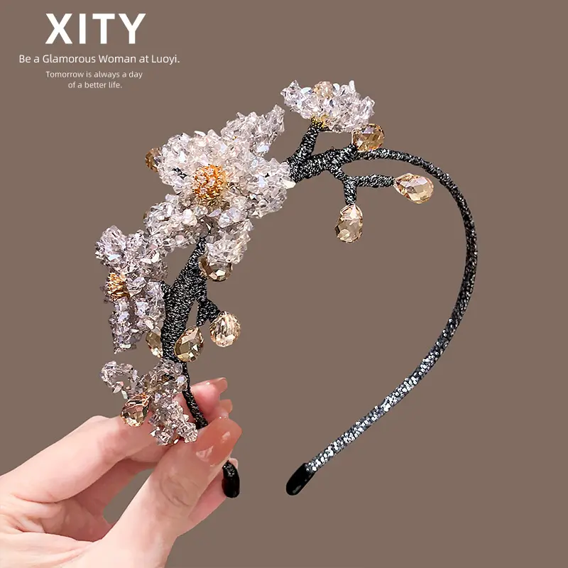 Handmade Champagne Gold Pink Crystal Flower Headband,Luxury Floral Rhinestone Hair Hoop,Elegant Crystal Beaded Hair Accessory,High Crown Volume Headband for Wedding Party Prom Daily Wear,Rich Girl Aesthetic,Feminine Women Chic Fashion Hair Jewelry Gift