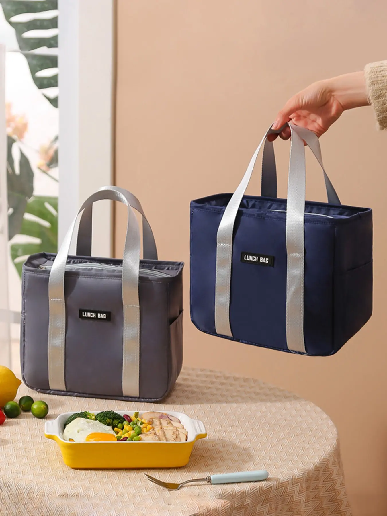 Large Capacity Insulated Lunch Bag, Textile Handheld Food Storage Pouch, Outdoor Picnic Organizer, Reusable Meal Container
