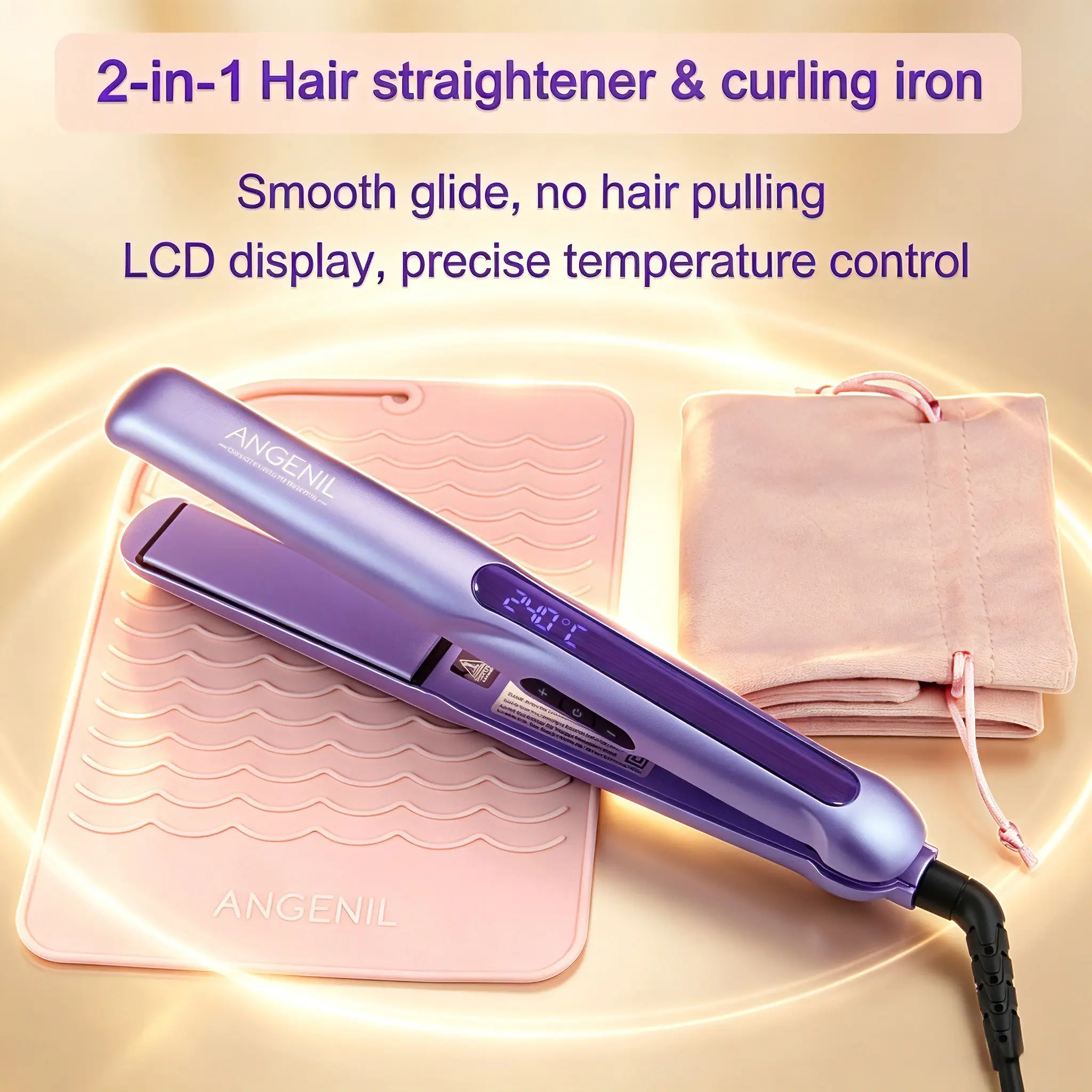 [US] ANGENIL Blue Hair Straightener – 2-in-1 Curling Straightening Tool & Curler, Women's Styling Tool; 55W, Dual Voltage, 8 Temperature Settings, Rapid Heating; Includes Silicone Pad & Storage Bag – Ideal Holiday Gift, Smoothing Straightener
