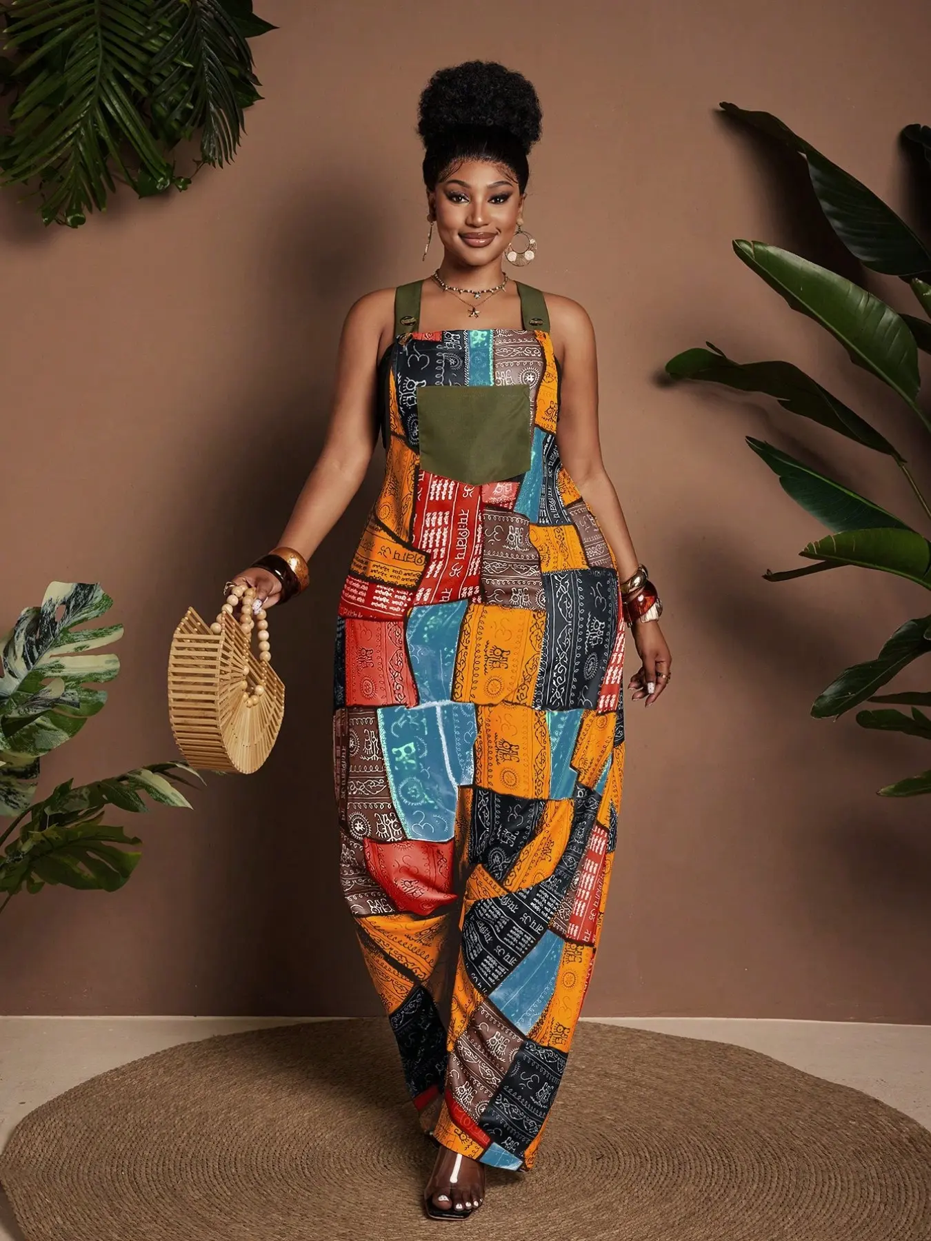 Plus Size Patchwork Print Sleeveless Loose Harem Pocket Jumpsuit, Comfortable and Stylish, Perfect for Casual Wear