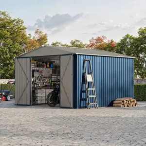 10 x 12 FT Large Metal Storage Shed, Peaked Roof Outdoor Organizer with Cross Windows & Lockable Door, All Weather Waterproof Garden Shed for Tools, Bikes & Lawn Mower