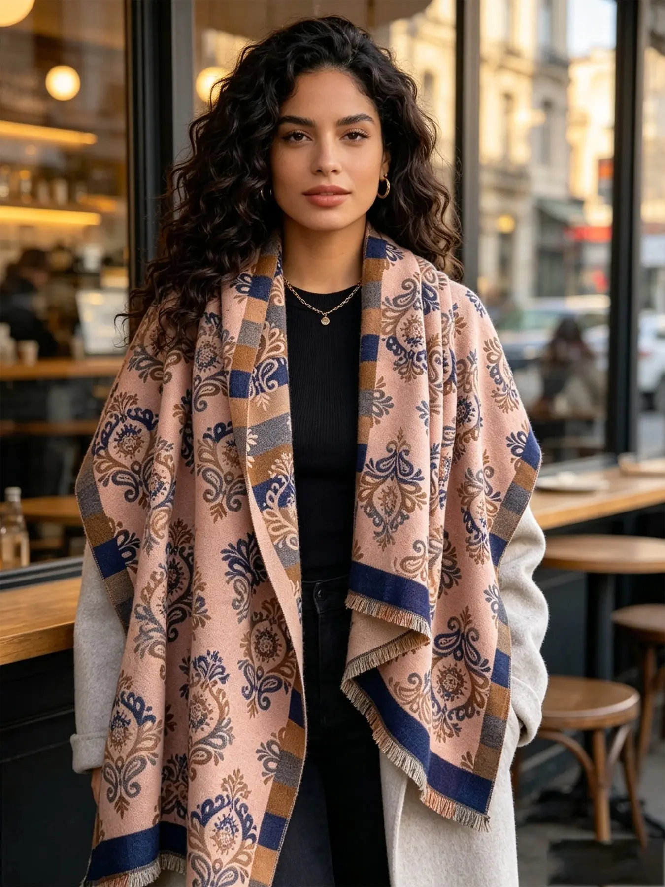 Soft Cashmere Feel Reversible Blanket Scarf, Blush &, Vintage Floral Shawl Wrap, Warm Winter Scarf, Christmas Gift for Women