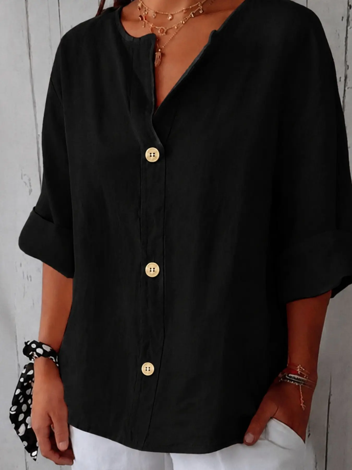 Women’s Casual Basic Linen Look Blouse, V Neck Button Down, Loose Fit Tunic Top, Lightweight 3/4 Sleeve, Ideal for Vacation, Beach, Work, Daily Wear, Button Up Blouse, Shirts