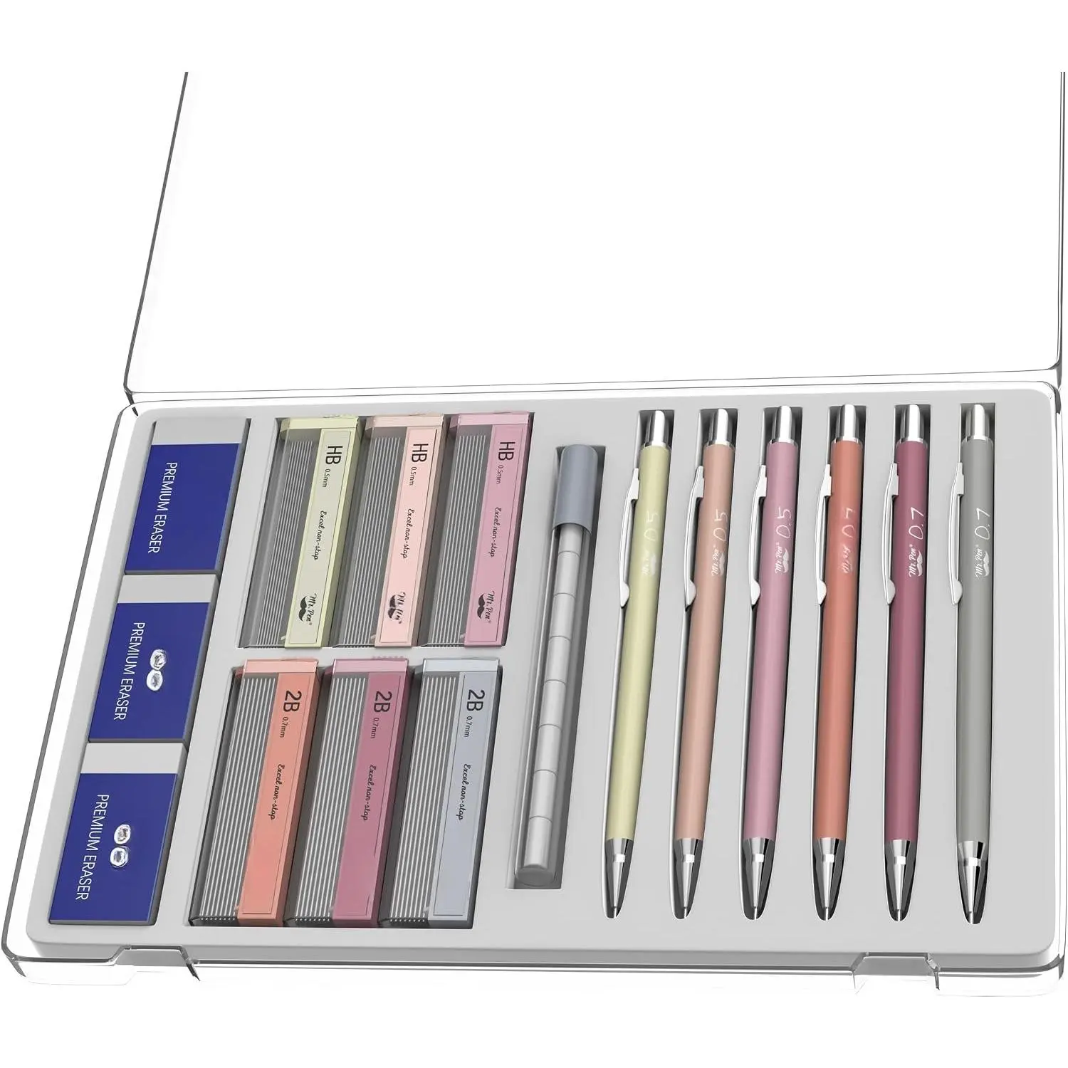 - Cute Mechanical cil Set with Lead Refills & Erasers, 6 Pack | 2 Sizes, 0.5 & 0.7mm, 6x Tubes HB & 2B Lead Refill, 3x Erasers for School Supplies, Note Taking, Drawing, Sketching, Office