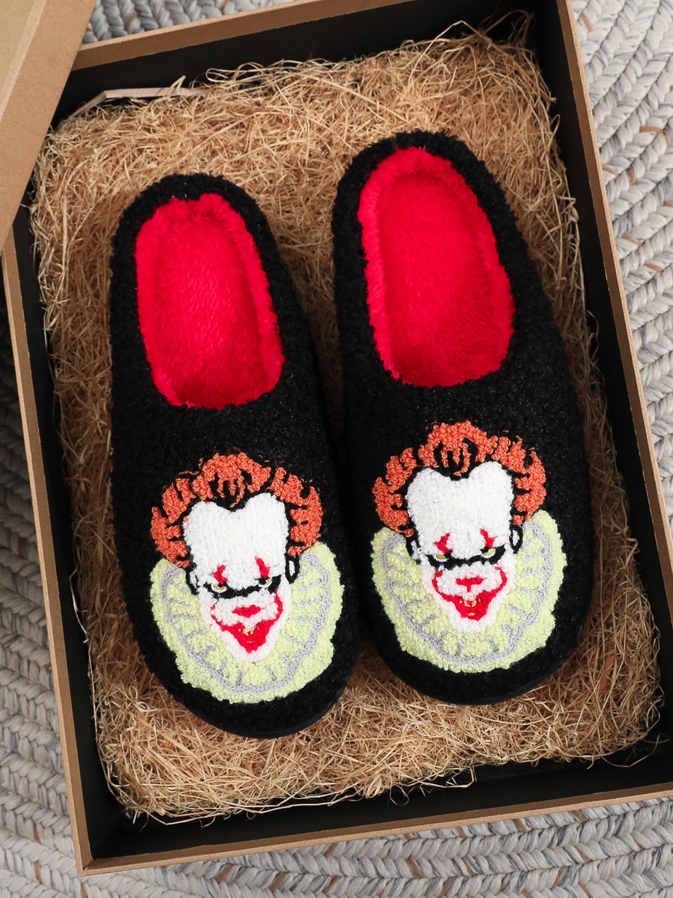 Plush Slippers with Scary Clown Embroidery, Home Slippers, Soft Comfortable Indoor Shoes for Men and Women, Perfect for Fall Halloween Gift, Footwear