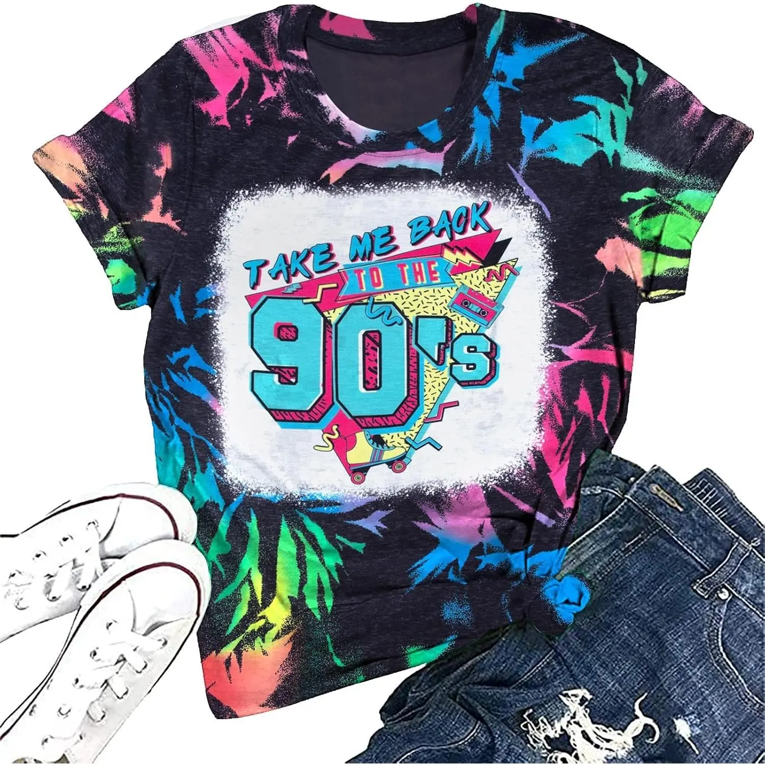 Women's 90s Vintage Neon Crew Neck Shirt - Casual Costume Top with Matching Skinny Leggings & Skirt, Ideal for Birthday Party Gifts