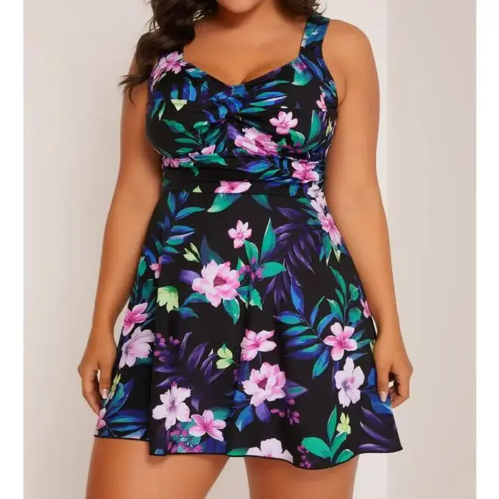 Must-have for plus-size curvy girls|2026 Summer Plus Size Curve Girl Must-Have Tropical Floral Print Swimsuit Dress with Knotted Front A-Line Skirt Style One-Piece Swimsuit, Fat-Covering Tummy-Control Slimming Swimsuit for Beach and Pool Vacations
