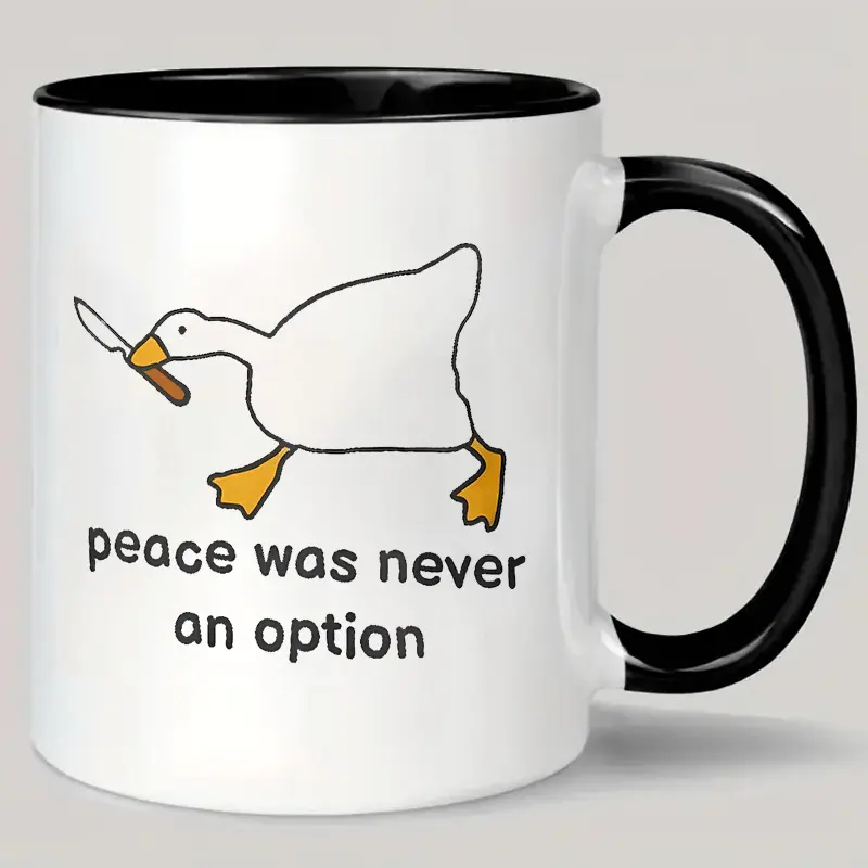 Funny Duck Mug, Peace Was Never An Option Novelty Coffee Cup With Black Handle, Ceramic Office Cup Suitable For Home Or Humorous Gift For, Quirky Desk Accessory And Conversation Starter