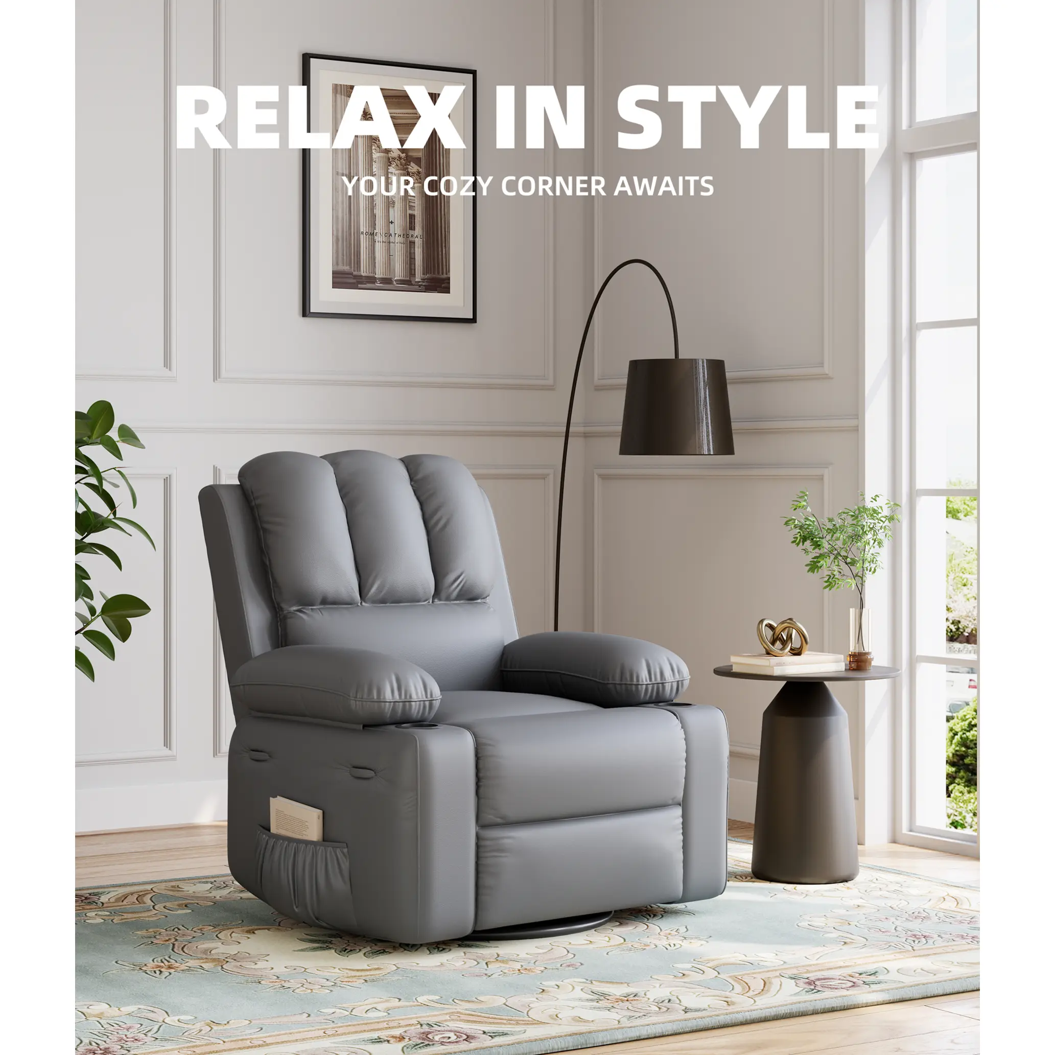 Oversized Swivel Rocker Recliner Chair with Heat & Massage Function, Built-in Cup Holder and High-Density Sponge Padding, Manual Reclining Lounge Seat for Living Room Bedroom Nursery,dorm essentials,home decor