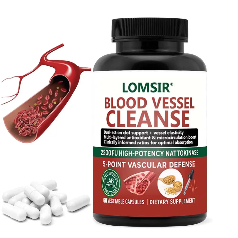 Blood Vessel Cleanse Capsules - Nattokinase Supplement with Gamma Oryzanol, Supports A Healthy Circulatory System - 60 Capsules