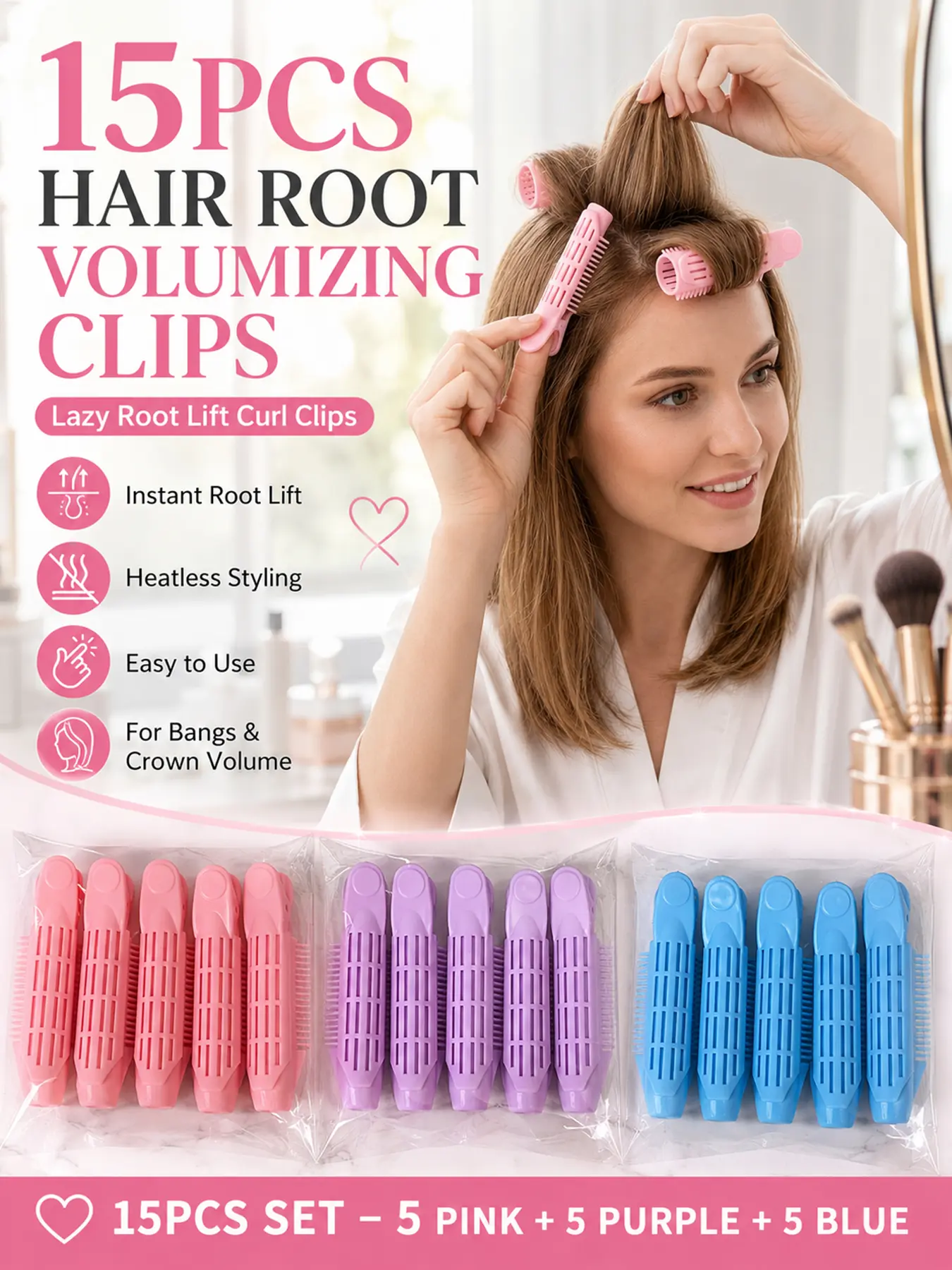 15Pcs Hair Root Clips for Volume Women Volumizing Roller Clips, No Crease Root Lift Styling Tools with Comb Teeth, Fluffy Hair Curl Clips for Bangs Crown Lift, Gentle Non Marking Hair Accessories for Makeup, Blow Dry, Daily Hairstyle Salon Use