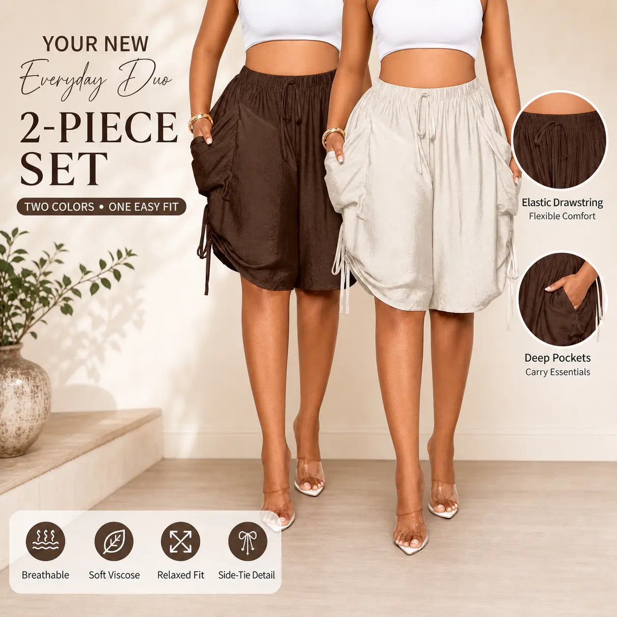 2 Pack Women's Wide Leg Bermuda Shorts, Soft Breathable Viscose, Elastic Drawstring Waist, Deep Pockets, Comfortable Relaxed Fit, Knee Length Casual Summer Shorts with Ruched Side Ties for Beach Vacation, Resort, Travel, Lounge, Brunch and Daily Wear