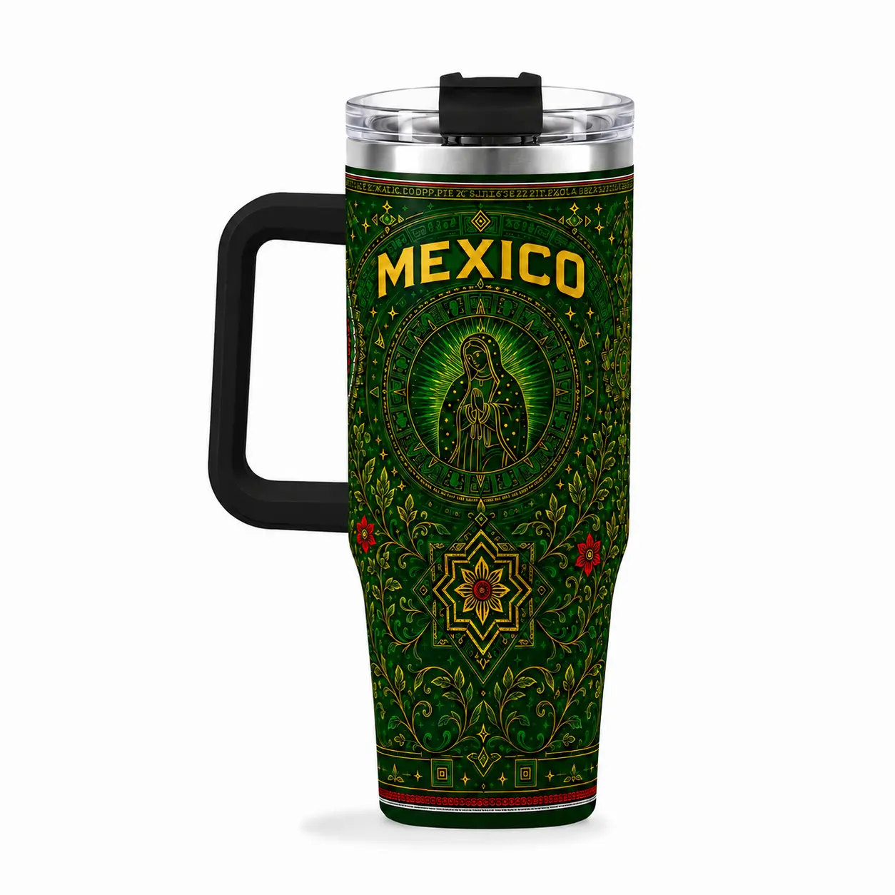30oz/40oz Sturdy Stainless Steel Vacuum Flask Tumbler - 887ml, 9.45 Inches Tall, Green Mexico Virgen Religious Art Print, Spill-Proof, with Handle, Lid, Straw, Nurse Gift, Insulated Travel Mug for Cold Drinks with Ice Cubes