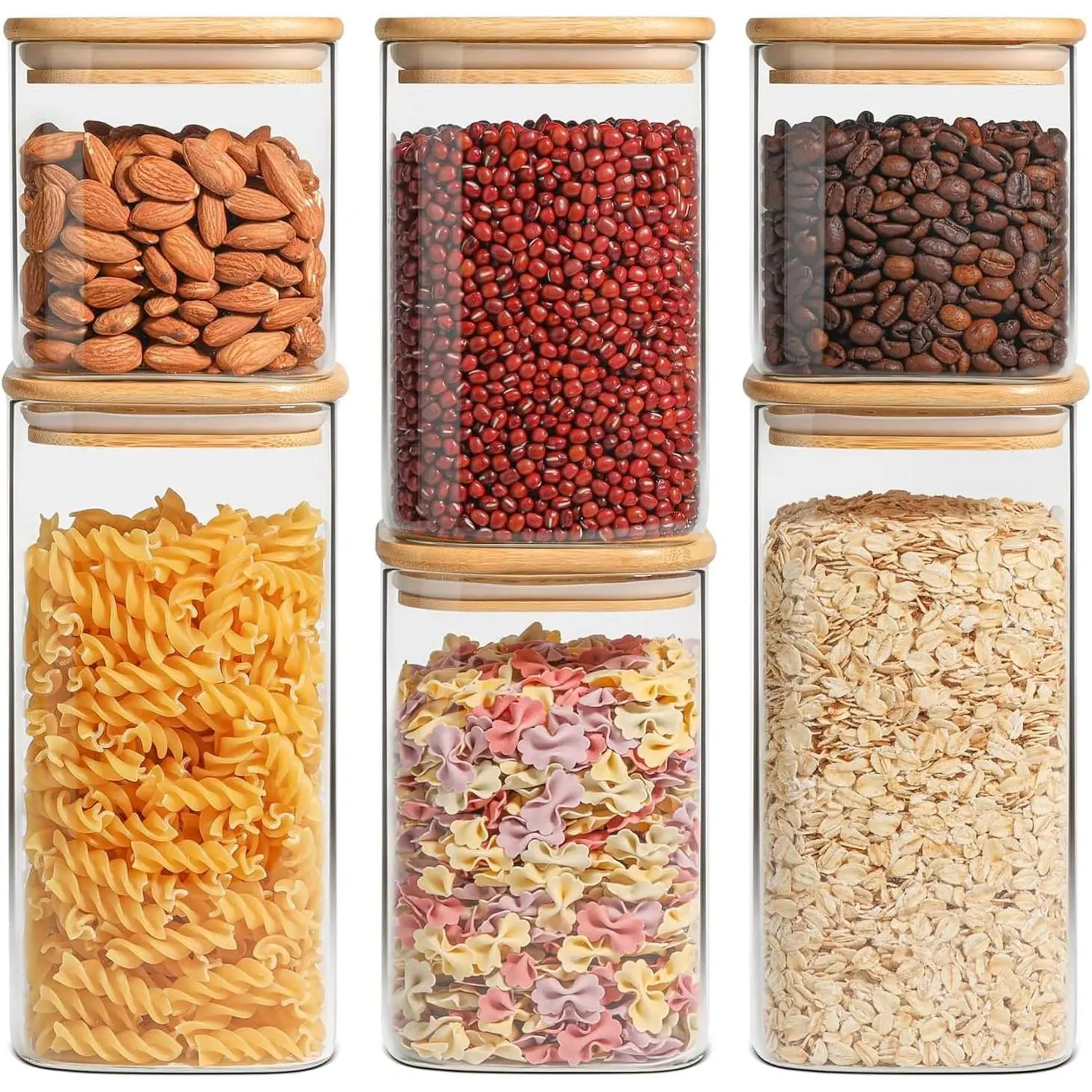 Airtight Glass Storage Canister with Lids (0.7Qt/1.2Qt/1.6Qt) Set of 6, Food Storage Container Kitchen Pantry Storage Jar, Glass Jars for Flour Cereal Sugar Tea Coffee Beans Snacks, Square