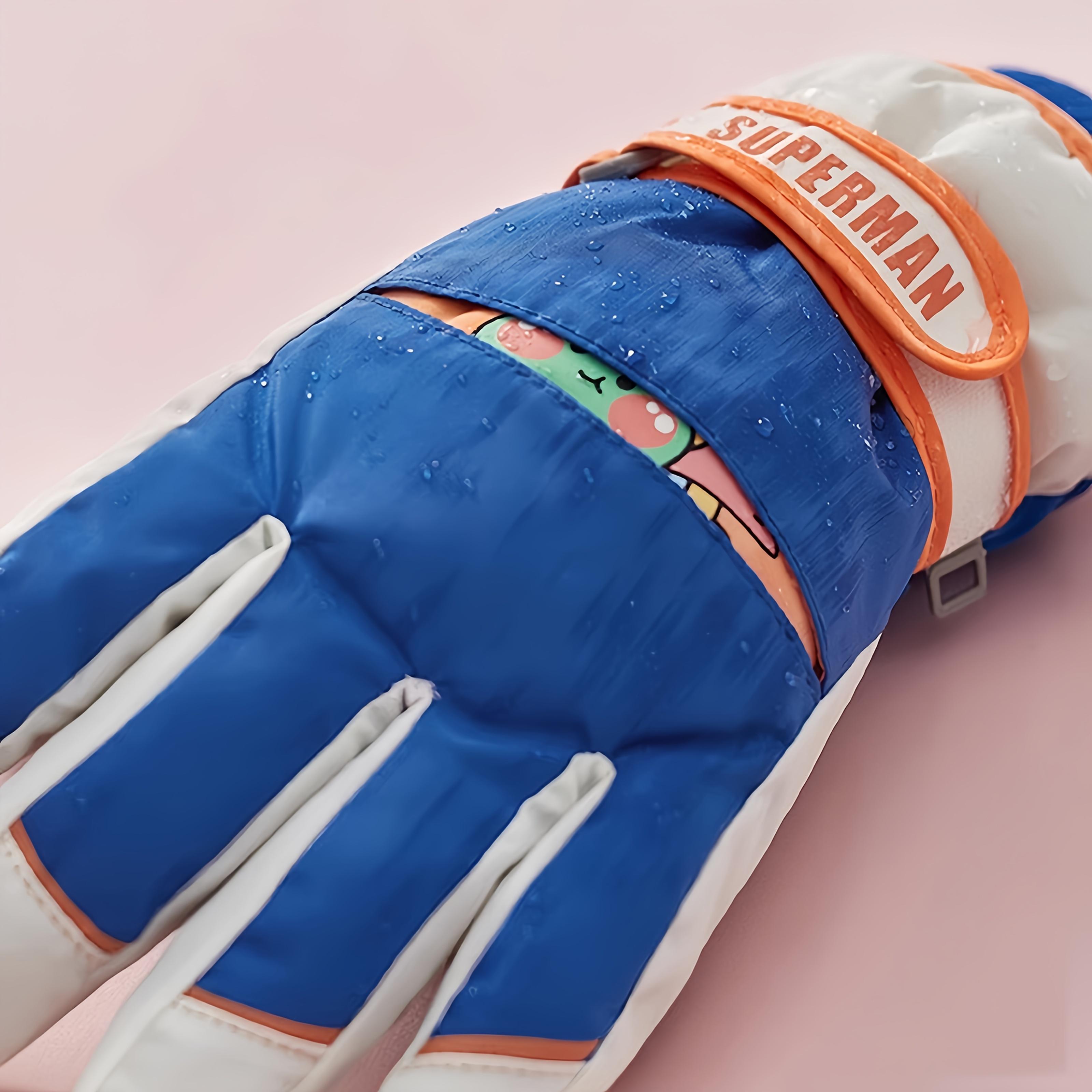 1-Pair Winter Ski Gloves - Cold Weather Thermal Gloves with Wrist Strap & Color-Coded Tips, Soft Plush Inner Lining - Ideal for Skiing, Snowboarding, Snowplay - Boys & Girls Ages 6-10 Years - Multi-Color Options (Blue, White, Black, Orange, Green, Pink, G