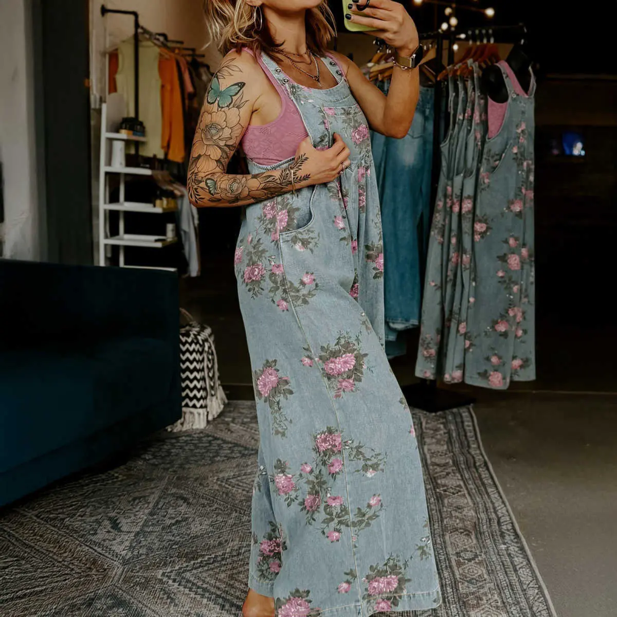 Beau Blue Floral Print Pleated High Waist Wide Leg Denim Jumpsuit