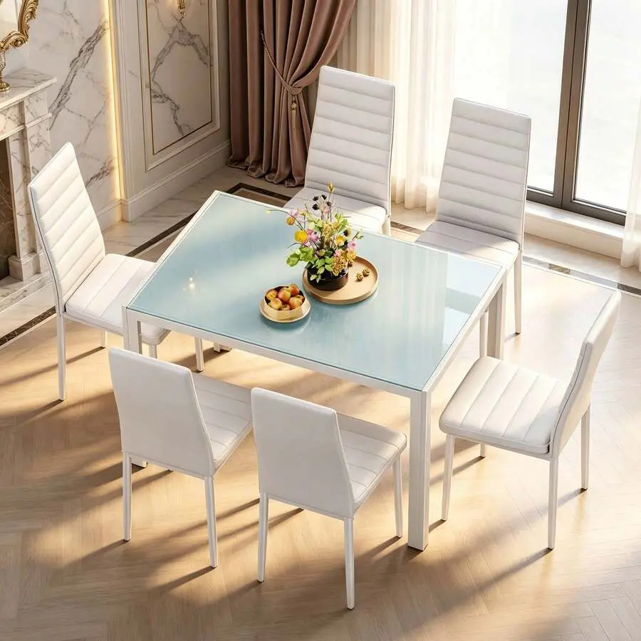 Modern Rectangle Easy-Clean Indoor Dining Table Set - 4/6 Seats Options, High-Back PU Leather Chairs, Glass Top, Dining Table Set of 4 Available