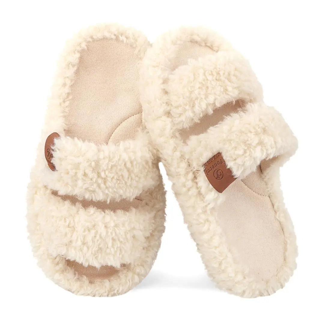 Women's Fuzzy Open-Toe Slippers - Slippers for Women with Plush Fuzzy Upper, Fresh-Feeling Open Toe, Warm Memory Foam, Soft Comfy Indoor House Footwear for Bedroom, Fuzzy Upper Feels Plush