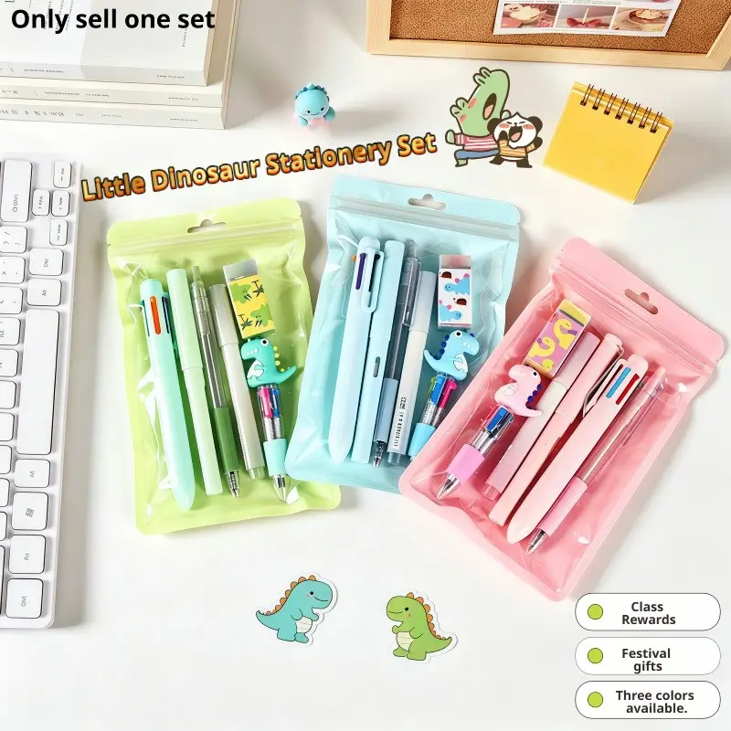 1 set of 6-piece dinosaur themed stationery, including dinosaur 6-color pens, pencils, ballpoint pens, erasers, and markers, Essential for back to school, Study Supplies. There are 3 colors to choose from, suitable for classroom rewards and holiday gifts