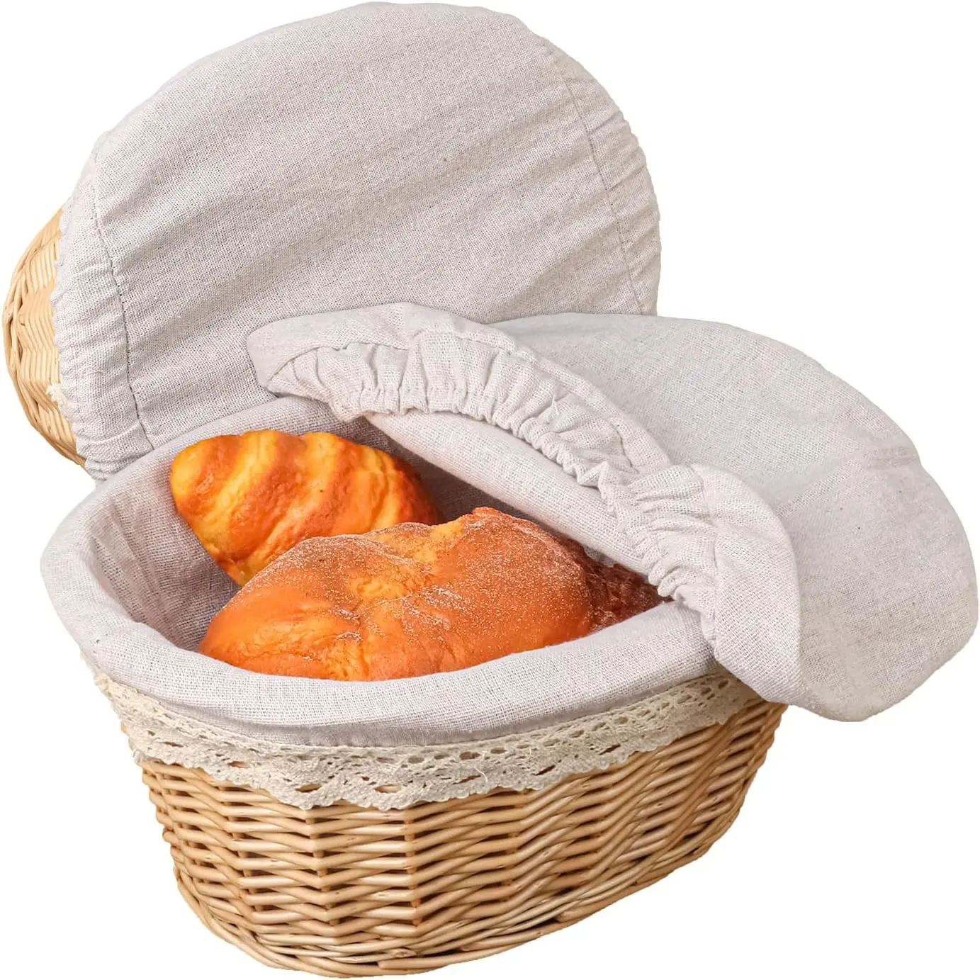 2 Pack 12 Inch Oval Woven Wicker Bread Basket, Elegant Serving Bread Basket, Sourdough Proofing Basket with Removable Liner and Cover