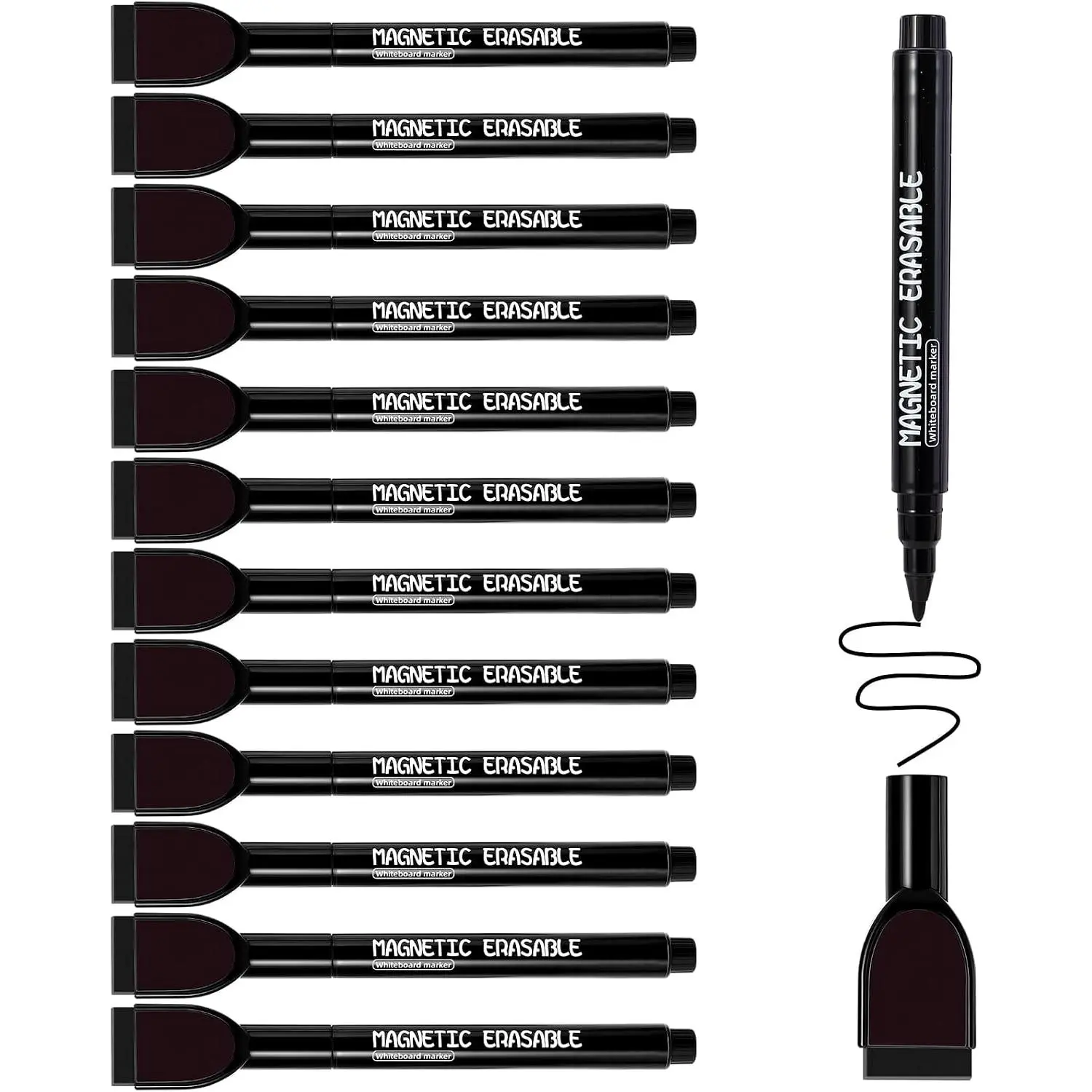 12 count Dry Erase Markers, Black  Erasable Whiteboard Markers, 1 mm Fine Tip Dry Erase Marker with Eraser, Low Odor Thin Markers for Glass Whiteboards Mirrors Calendar Office
