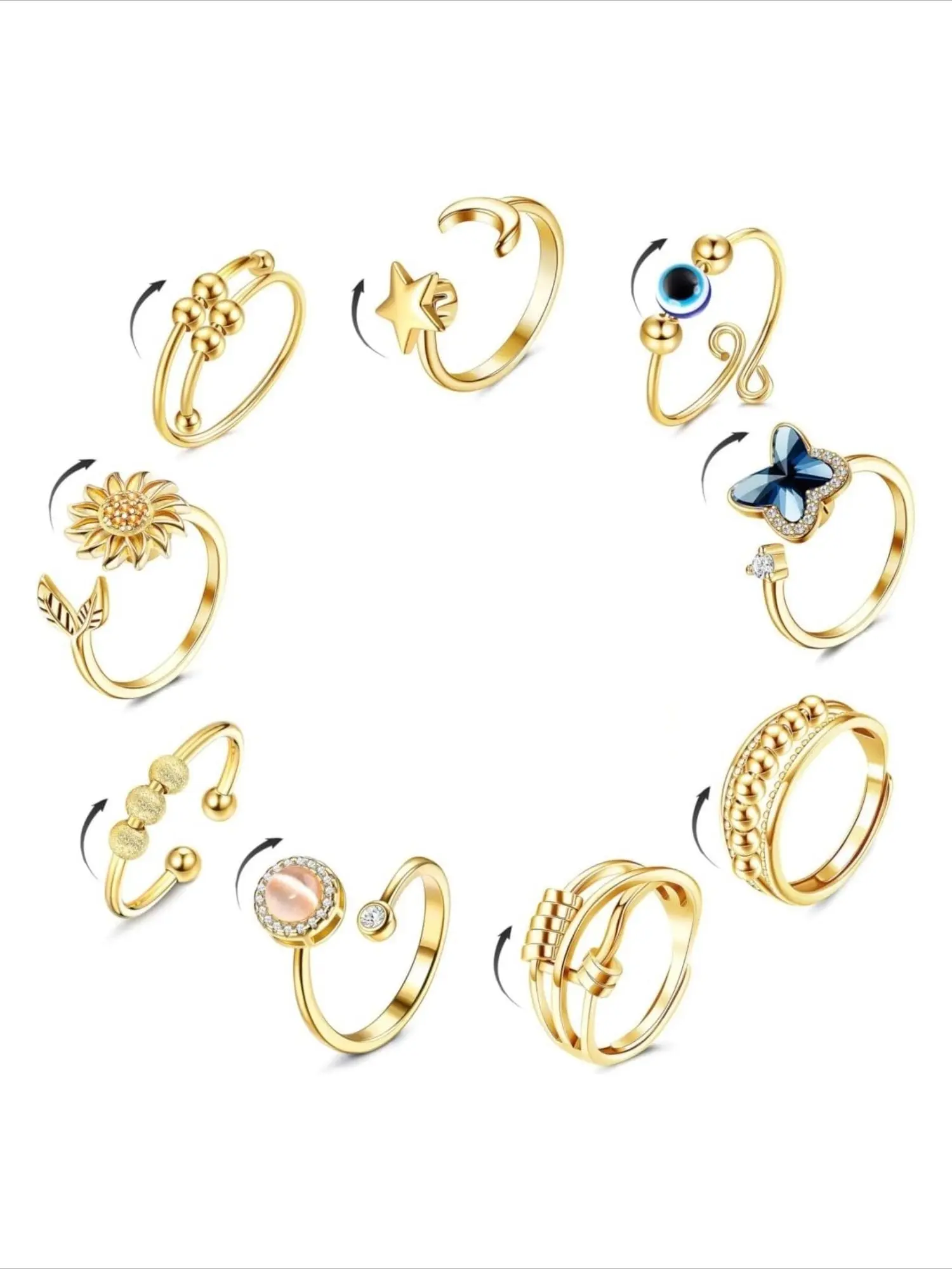 Unique Rotating Spinner Open Rings, 9 Pcs Assorted Adjustable Copper Finger Rings Inlaid Cubic Zirconia & Cat's Eye Stone, Unisex Stackable Finger Jewelry, Stress Relief Rotatable Design, Suitable for Daily Styling, Birthdays, Holiday Celebrations