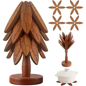 Trivets for Hot Dishes, Wooden Tree Trivet Set of 4 for Easy Storage - Suited for Hots, Teapot, Hot Holders - Multifunctional Ornaments (Dark - 4